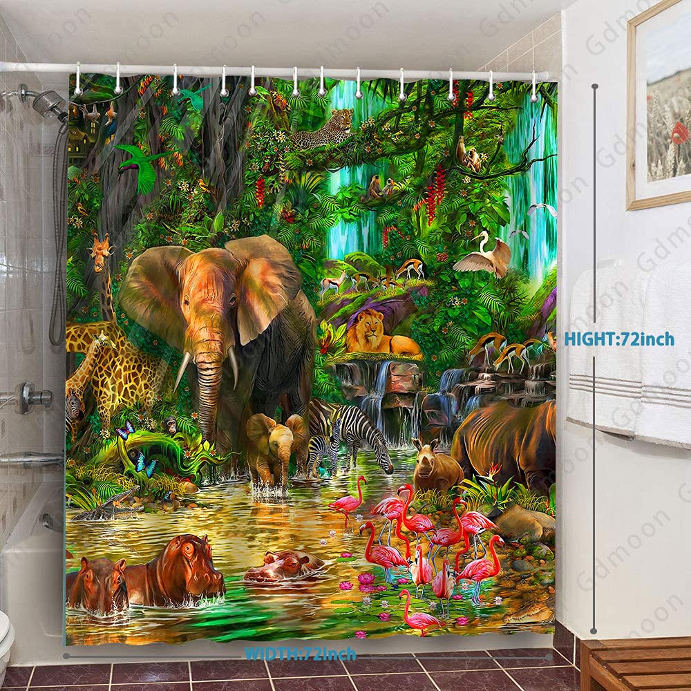 Forest Animal Shower Curtain - Waterproof 72x72 Inch Rainforest Jungle Bath Curtain with 12 Hooks, Featuring Giraffe Elephant Leopard Tropical Safari Design for Kids & Adults - Perfect for Bathroom Decor, Nursery, and Jungle Theme Parties