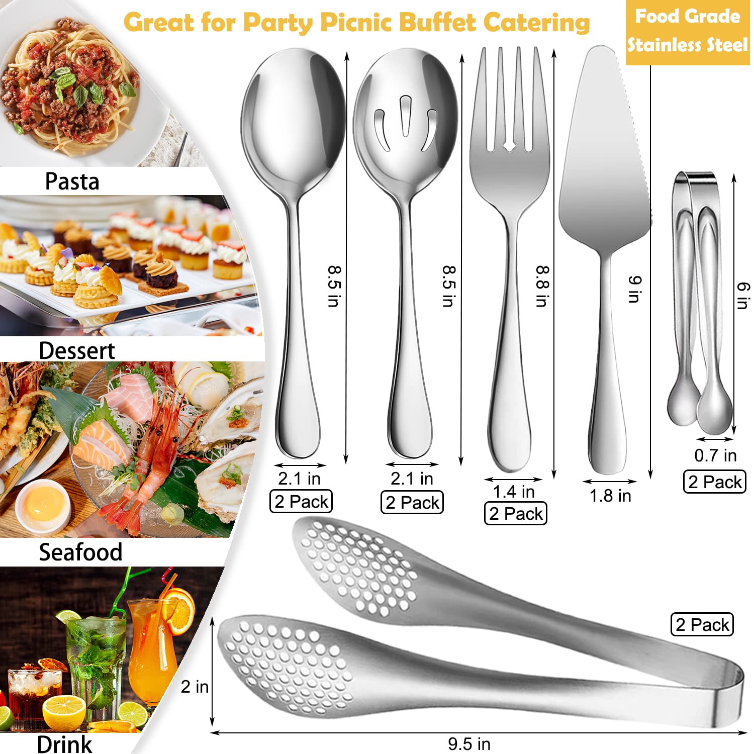 11-Piece Stainless Steel Serving Utensil Set - Large Spoons, Forks, Tongs & Pie Server - Perfect for Buffet, Catering, Banquet & Party Hosting - Elegant Silver Kitchen Tools for Entertaining & Food Service