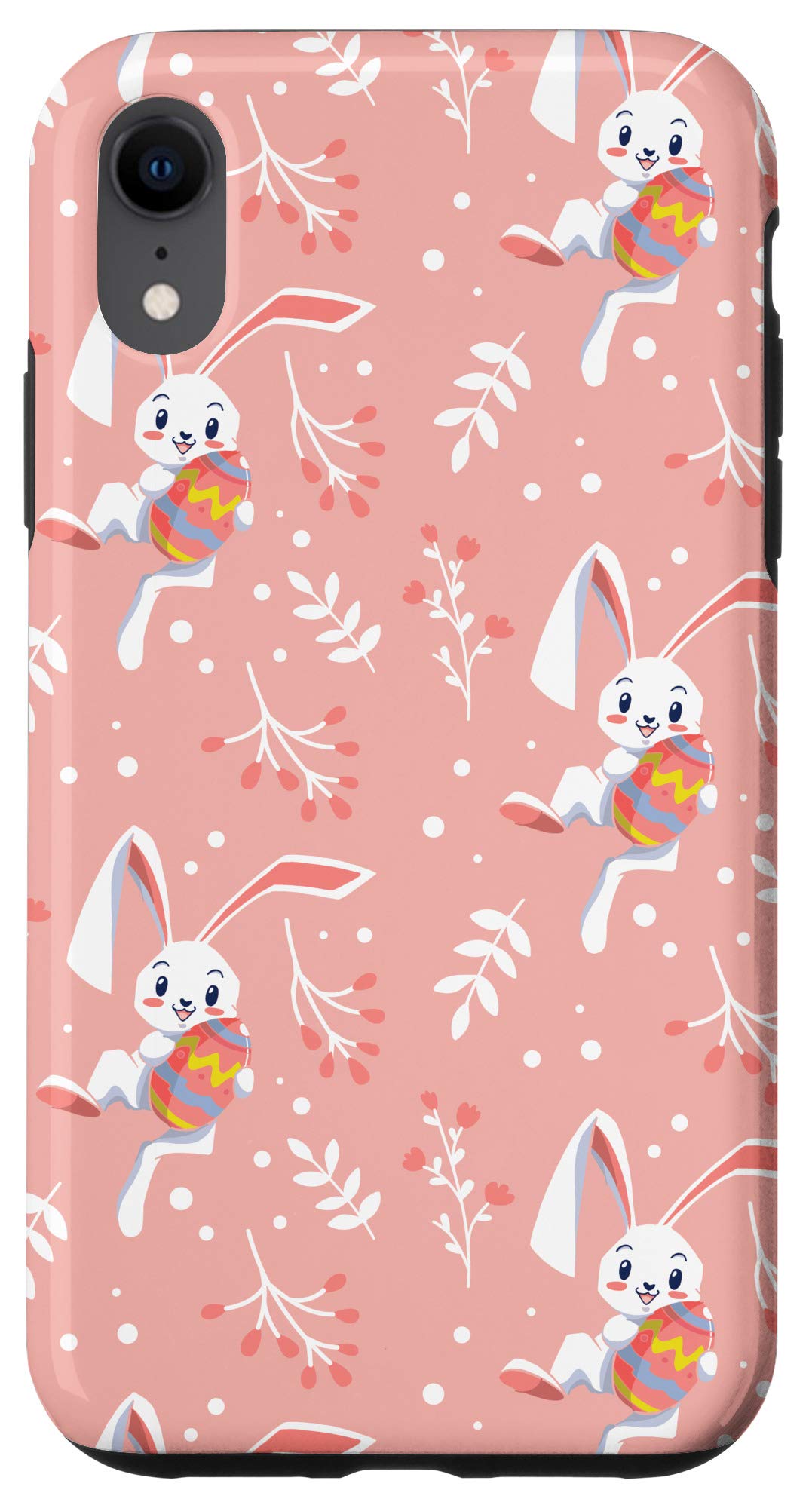 iPhone XR Case - Cute Easter Bunny Pattern Coral Pink Phone Cover for Women & Girls - Perfect Easter Egg Gift for iPhone XR Users (2018 Model) - Great for Easter Gifts, Spring Decorations & Everyday Use