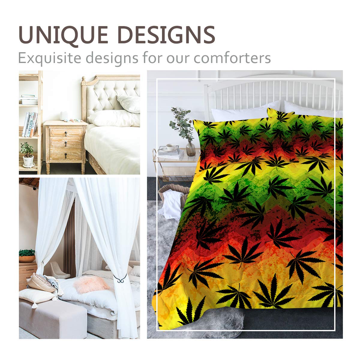 BlessLiving 3-Piece Rainbow Chevron Cannabis Leaf Comforter Set - Full/Queen Size Black Hemp Bedding, Lightweight Quilt & Modern Stylish Plant-Themed Bedspread | Perfect for Bohemian Bedrooms, Dorm Decor & Stoner Aesthetic