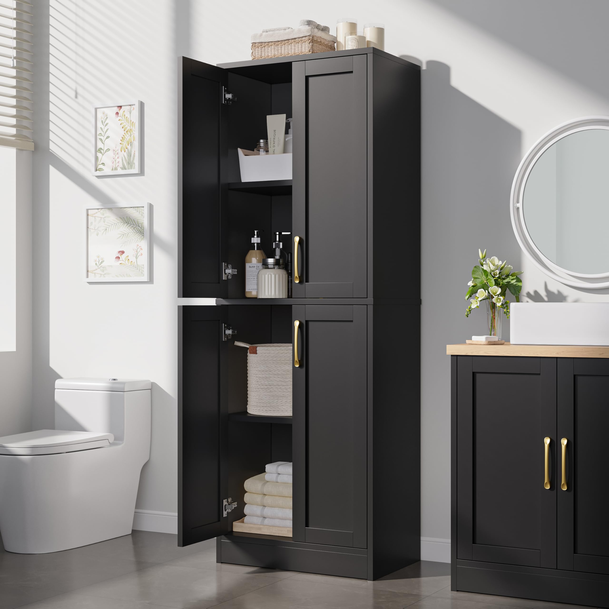 4-Door Adjustable Shelf Kitchen Pantry Cabinet - Freestanding Tall Black Storage Cupboard for Dining Room, Living Room, Laundry & Bathroom | Perfect for Home Organization, Spice Storage & Household Supplies