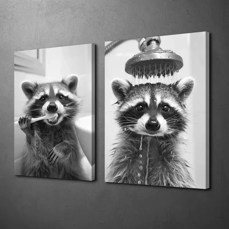 2-Pack Black & White Raccoon Daily Life Canvas Wall Art - 50x75cm Framed High-Quality Print | 100% Australian Made | Ready to Hang | Perfect for Living Room, Bedroom & Office Decor