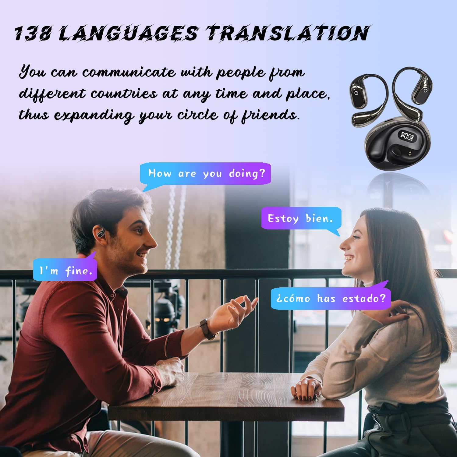 AI Translation Headphones - 138 Language Real-Time Bluetooth Earbuds with Open Air Design | Perfect for Travel, Business Meetings & Language Learning (Black)