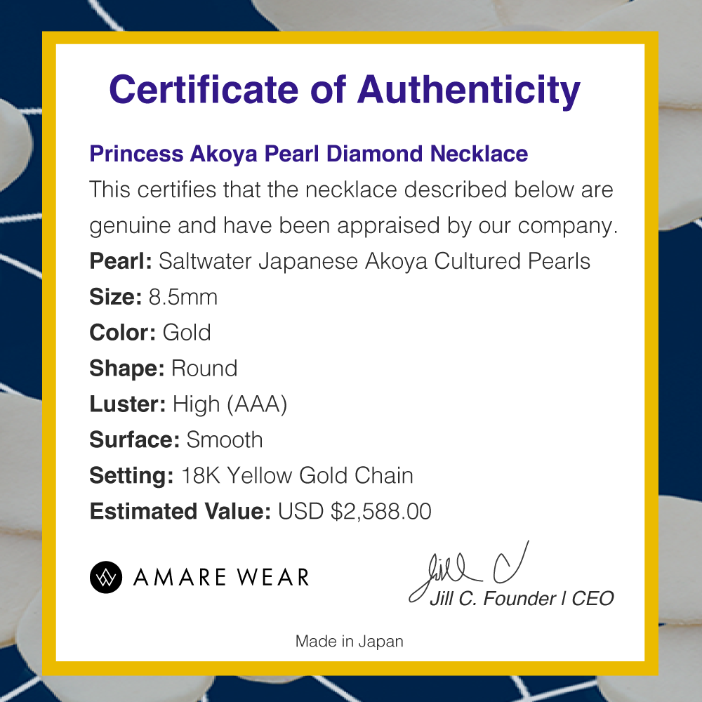 Amare Wear Princess Akoya Pearl Diamond Necklace - Elegant 18K Gold Pearl Jewelry for Women, Perfect for Weddings, Anniversaries & Special Occasions