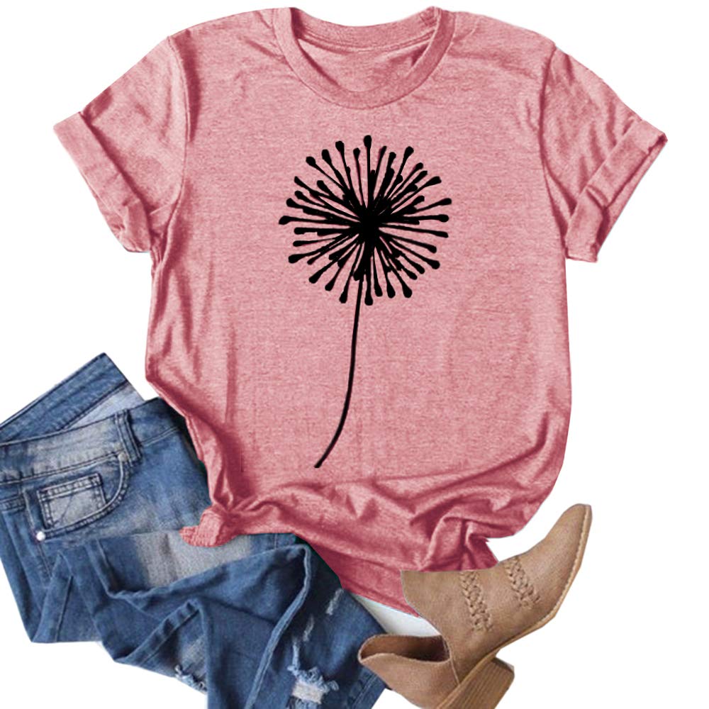 Cicy Bell Women's Dandelion Print Cotton T-Shirt - Cute Graphic Short Sleeve Summer Tee for Casual Wear, Outing & Vacation