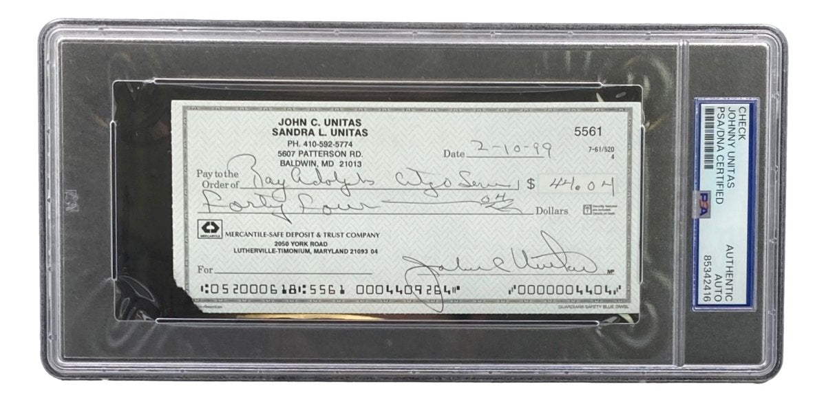 Johnny Unitas Baltimore Colts Autographed Signed Bank Check #5561 PSA Certified - Rare NFL Memorabilia for Collectors & Sports Fans Display