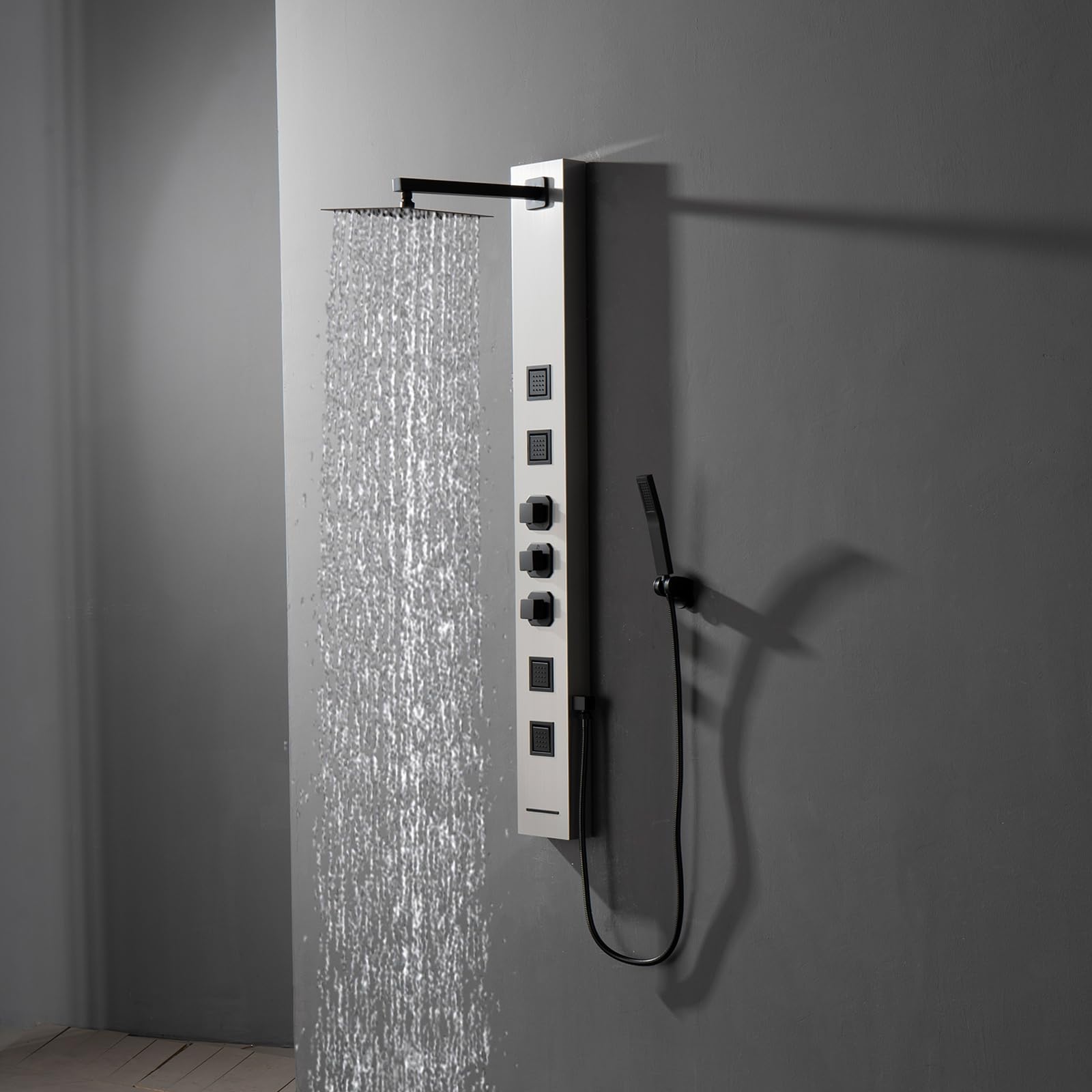 BWE 304 Stainless Steel Shower Panel Tower System with Adjustable Rainfall Shower Head, 4 Body Massage Jets & Handheld Shower - Brushed Finish for Luxury Bathroom Spa Experience