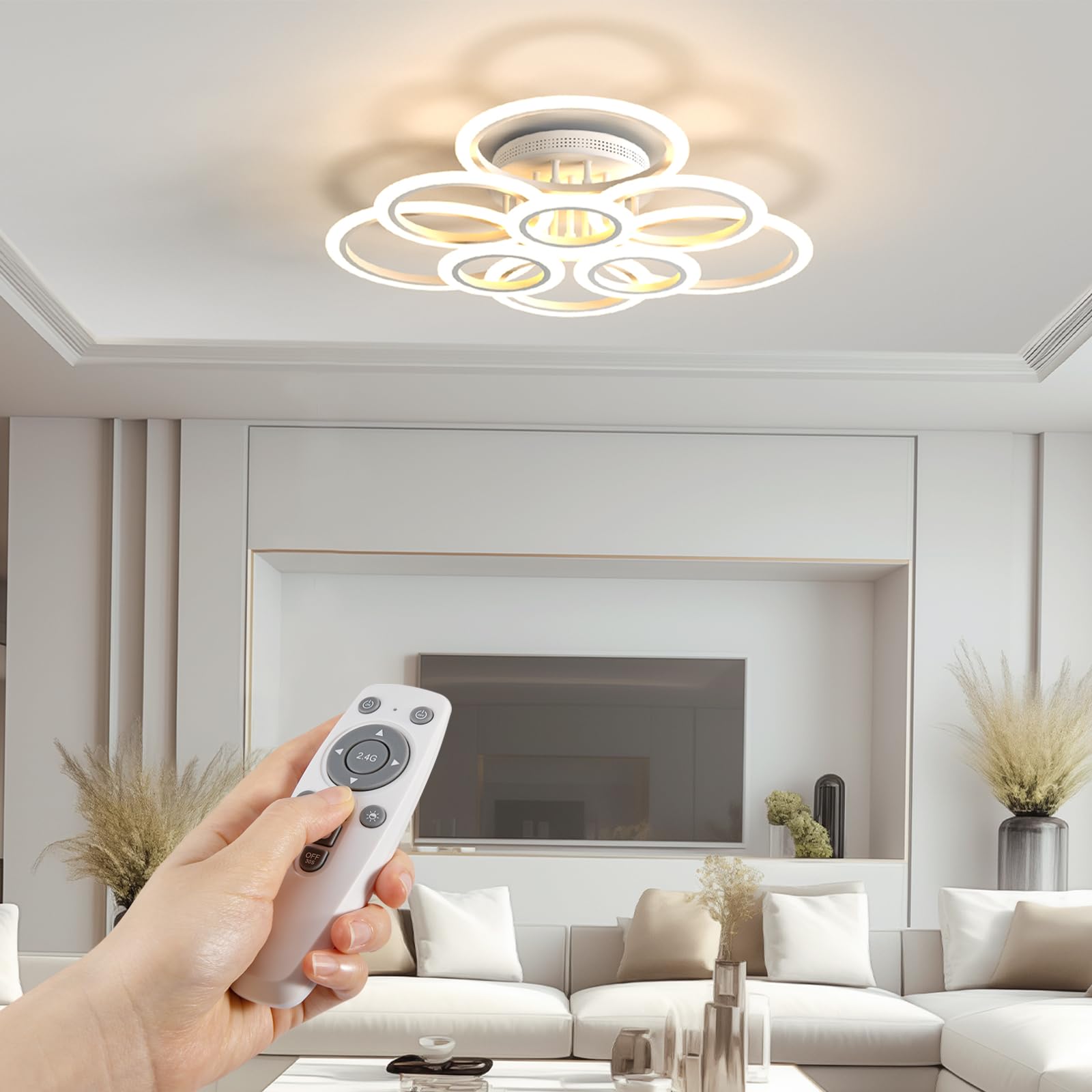 OUQI Modern LED Ceiling Light Fixture - 9-Ring Acrylic Dimmable Chandelier with Remote Control, Flush Mount Lighting for Living Room, Dining Room, Bedroom (White) | Perfect for Home Decor, Interior Lighting & Ambience Setting