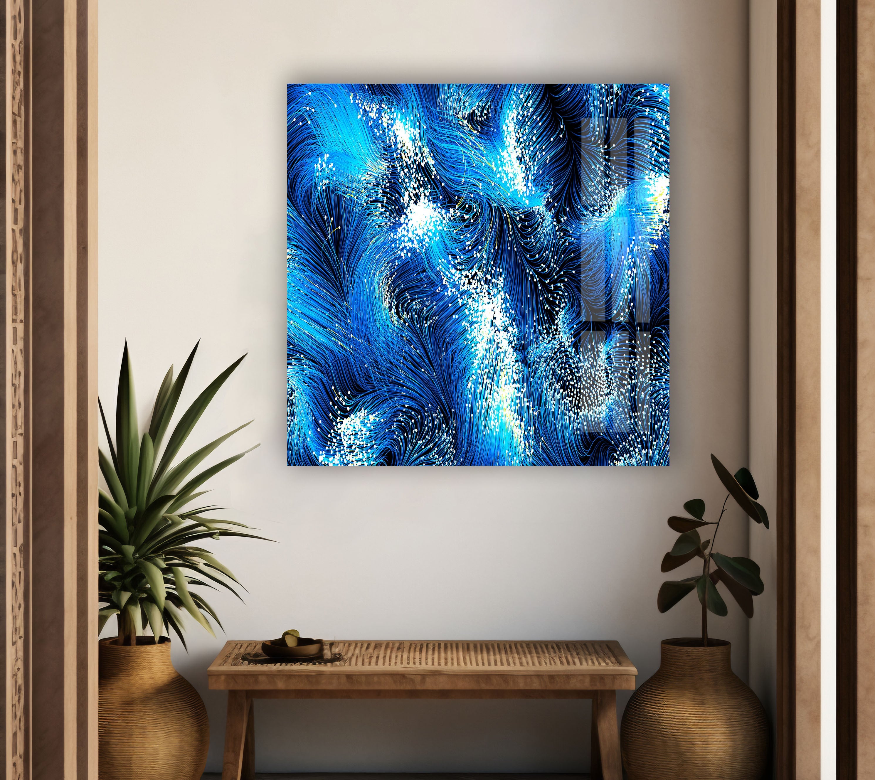 Blue Black Swirl Glass Wall Art - Handmade Modern Abstract Decor for Living Room, Bedroom & Office | Shatter-Resistant Hanging Art Piece