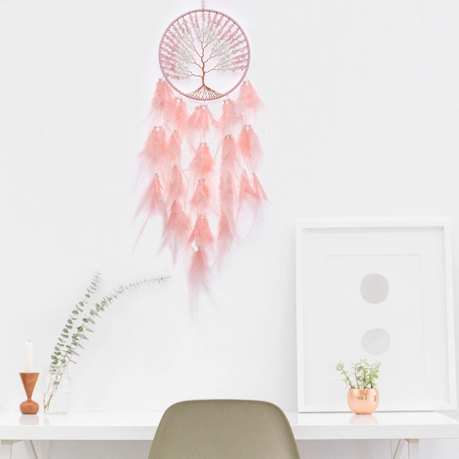 Handmade Tree of Life Dream Catcher with Healing Crystals & Feathers - Pink Bohemian Wall Hanging Decor for Bedroom, Living Room, Wedding (25.6 Inch) | Spiritual Home Decor, Housewarming Gift & Meditation Space Accent