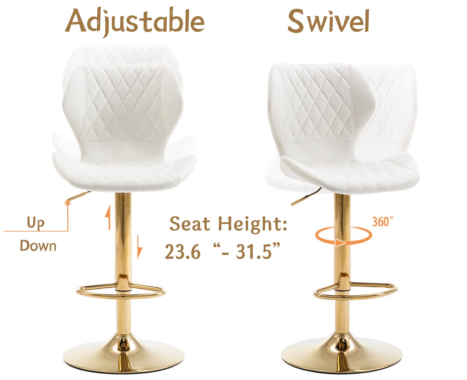 2-Pack Swivel Bar Stools with Adjustable Height & Backrest - Modern Velvet Counter Chairs with Golden Base for Kitchen Island, Dining Room & Home Bar - Perfect for Entertaining, Breakfast Nook & Small Spaces (Cream)