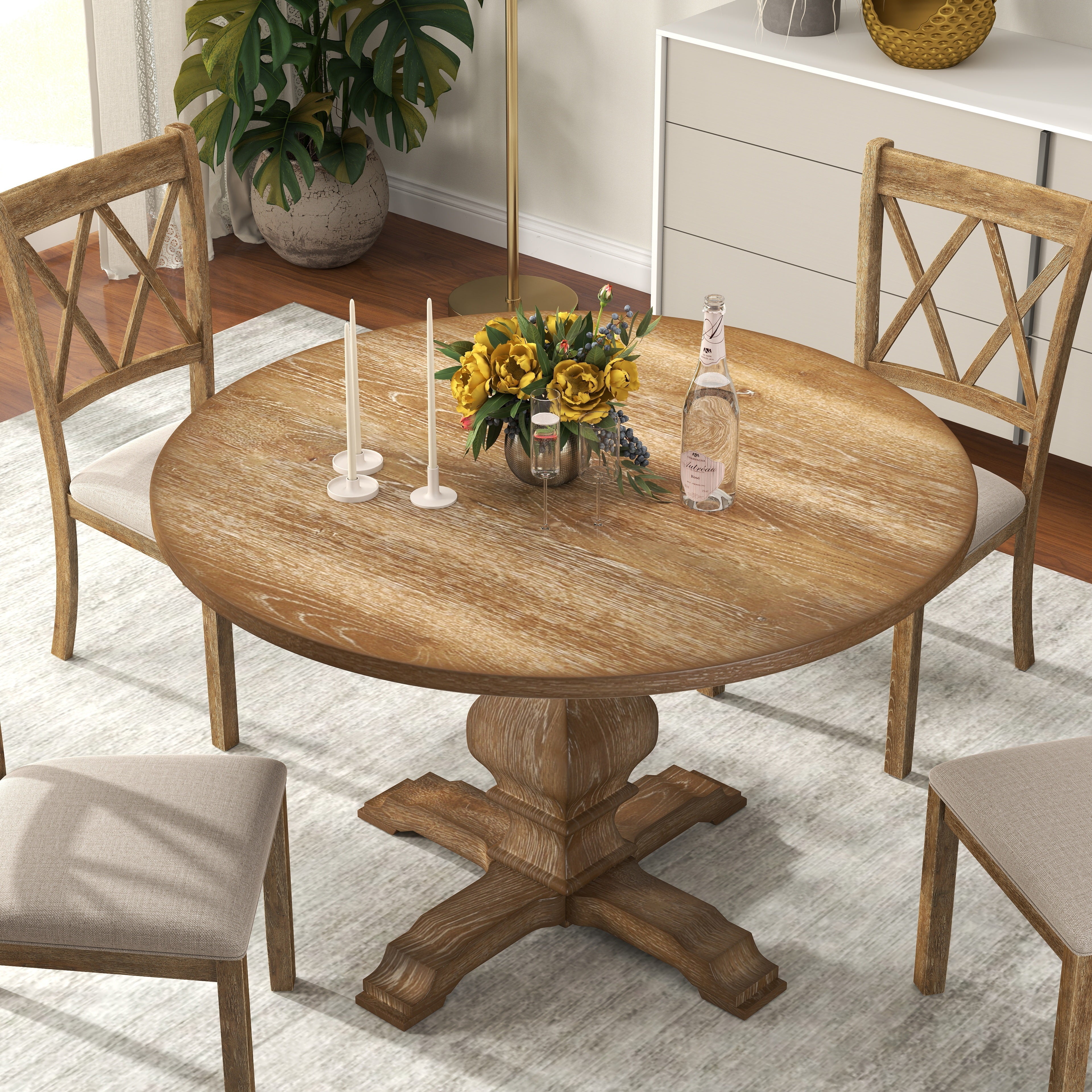 Roundhill Furniture Havre Solid Wood Pedestal Round Dining Table - 42 Inch Farmhouse Style for Kitchen, Dining Room & Small Spaces