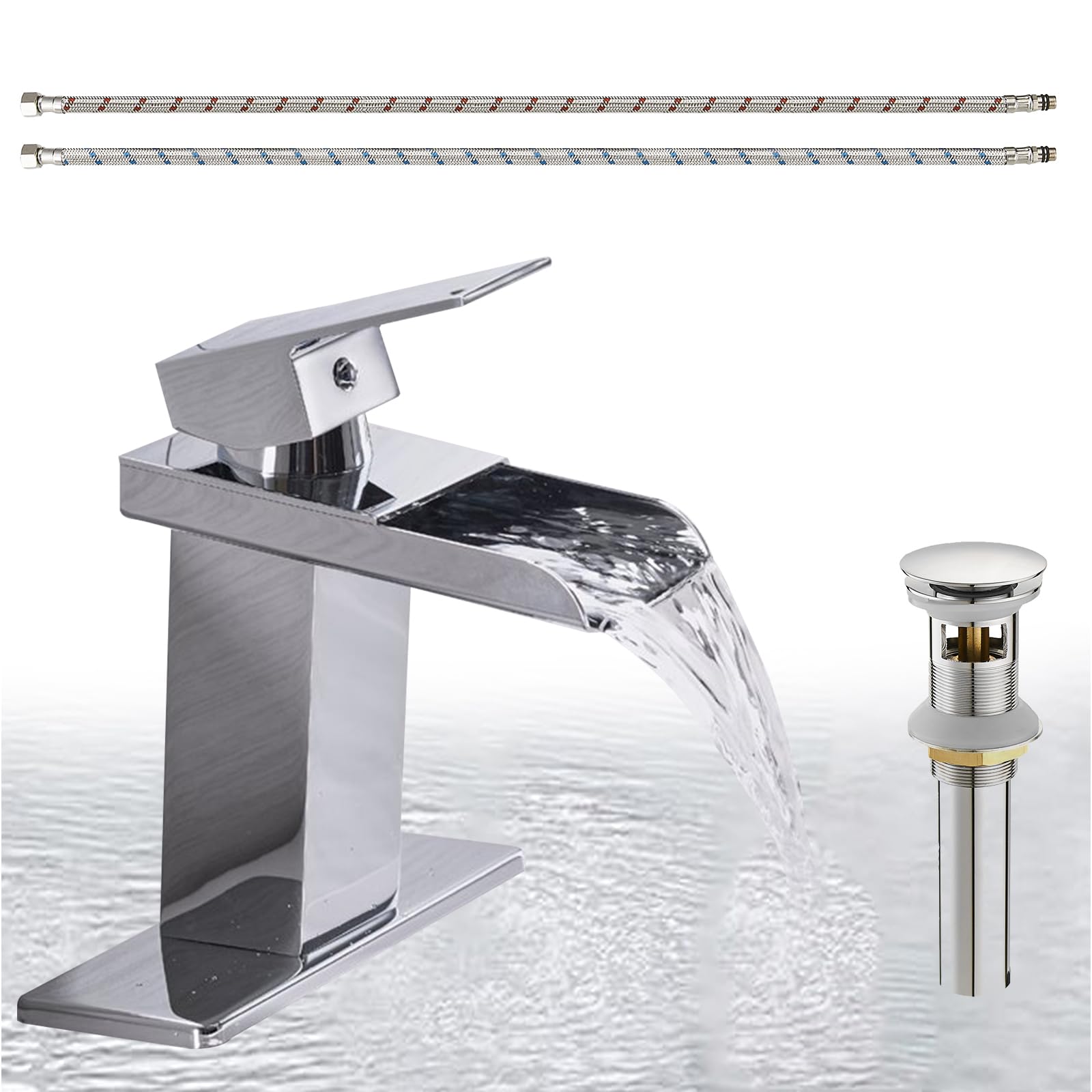 Modern Chrome Single Handle Waterfall Bathroom Faucet - 1 Hole Vanity Sink Faucet with Brass Pop Up Drain & Supply Lines - Perfect for Home Bathroom, RV Lavatory & Contemporary Decor