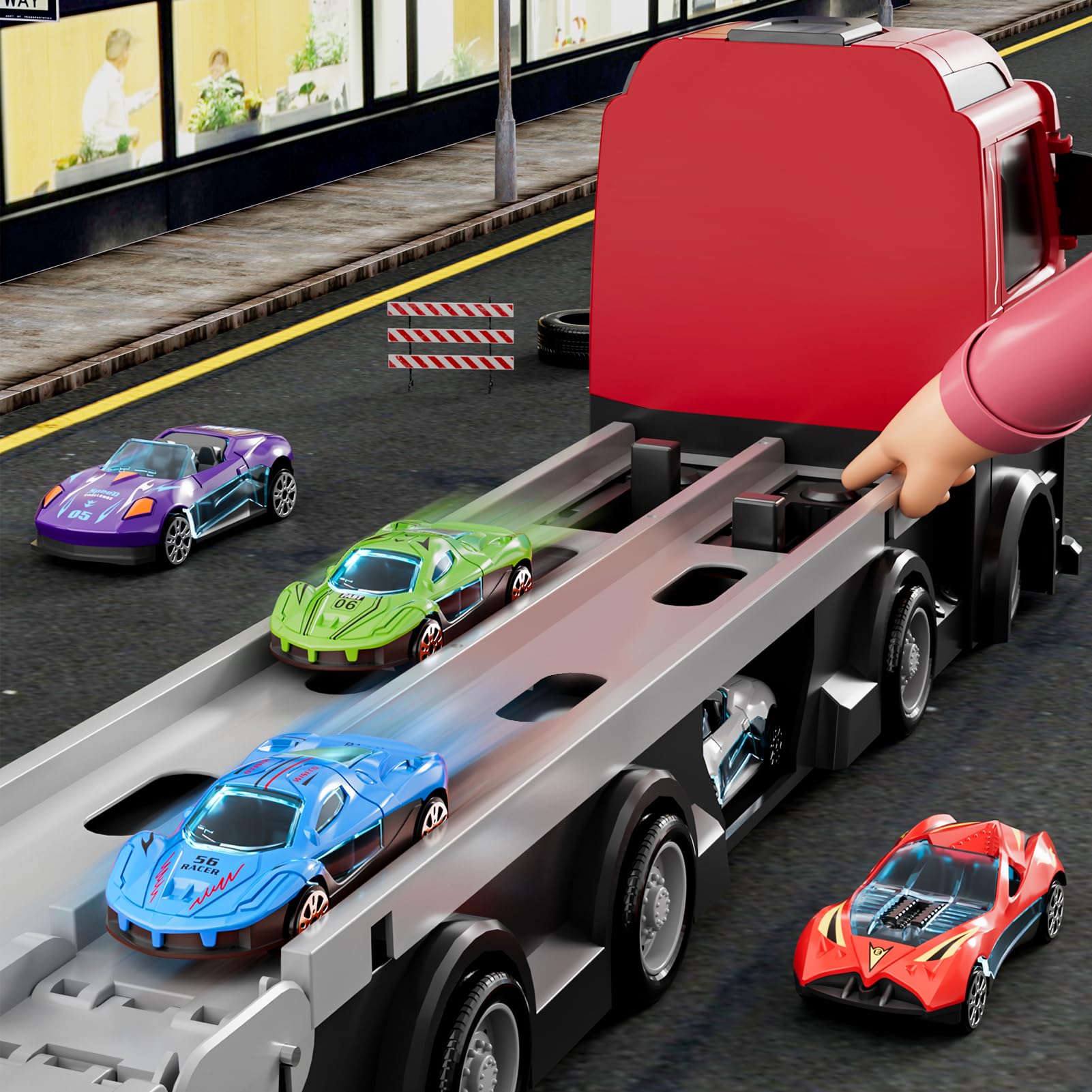iHaHa 78-Inch Large Transport Truck Toy with 24 Die-Cast Cars - Play Vehicle Set for Kids Ages 2-7 - Perfect Gift for Boys & Girls - Red | Pretend Play, Car Storage & Travel Entertainment