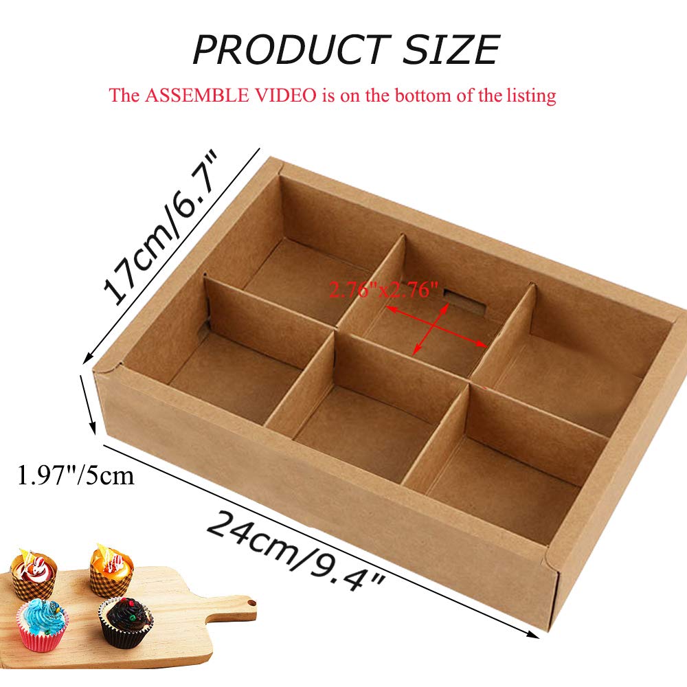12-Pack Brown Kraft Cupcake Boxes with Inserts & Display Windows - 6 Lattice Baking Containers for Pastries, Cookies & Treats | Perfect for Birthday Parties, Wedding Favors & Gift Packaging