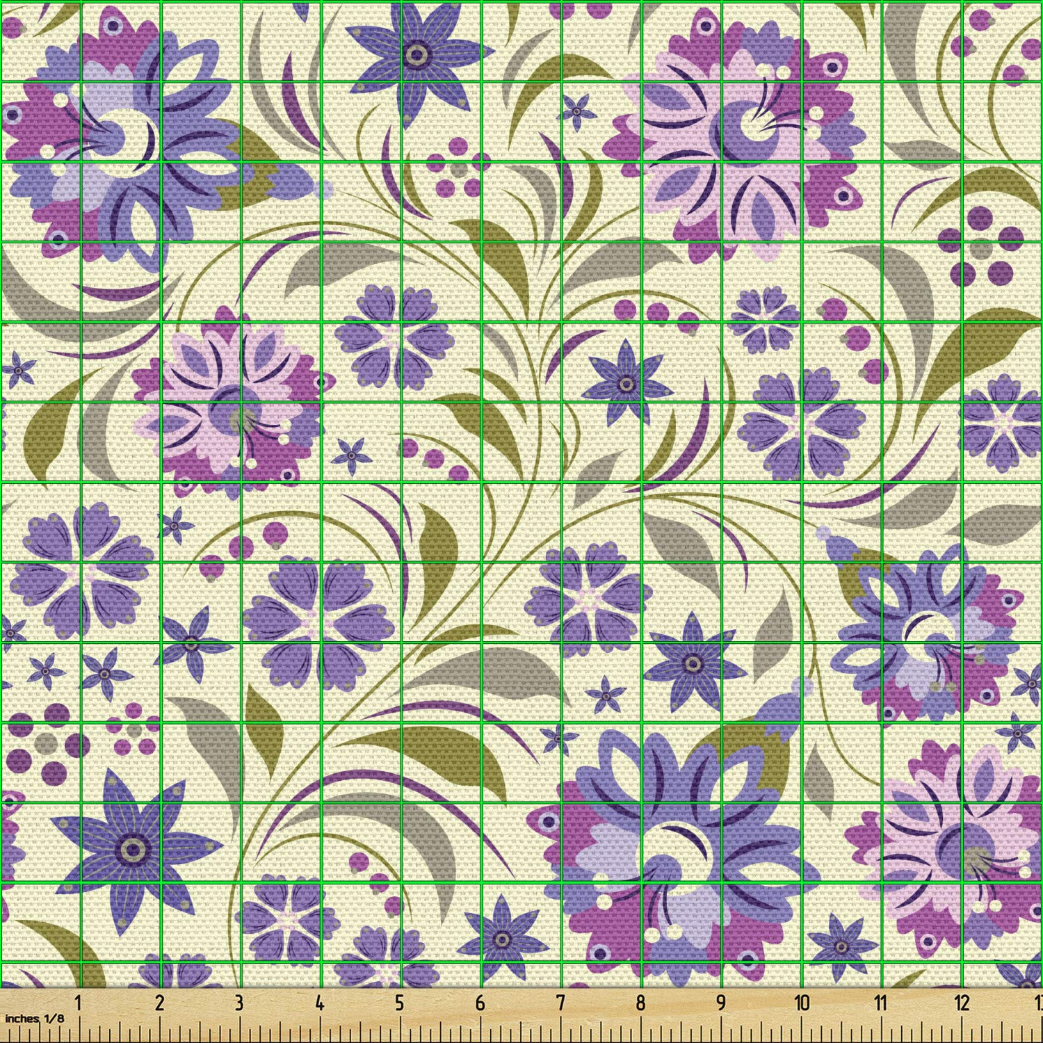 Ambesonne Garden Art Fabric by The Yard - Pale Toned Spring Flowers with Swirled Leaves on Lavender Purple & Pale Green Background | Decorative Upholstery Fabric for Sofa, Curtains, Pillows & Home Decor | Perfect for Living Room, Bedroom & DIY Craft Projects