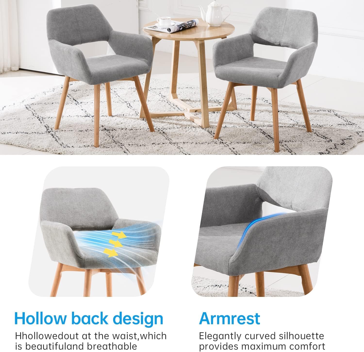 Modern Dining Chairs Set of 1 - Solid Wood Legs Kitchen & Accent Chair for Living Room, Dining Room, Club or Guest Seating (Gray) - Perfect for Home Decor, Restaurant, Cafe & Office Use
