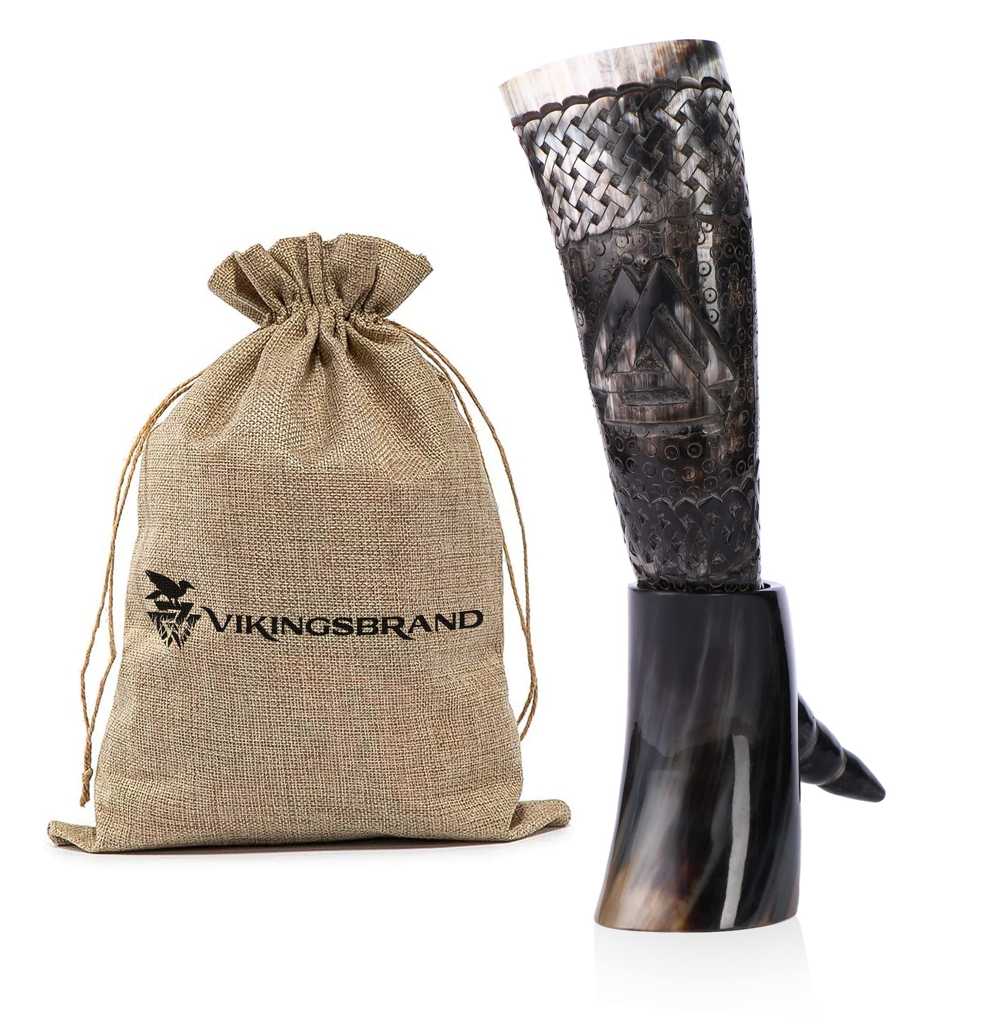 Authentic Handmade Viking Drinking Horn with Stand - Medieval Norse Ale Mug, Engraved Valknut Design - Food Safe Beer Cup for Home Bar, Medieval Reenactment & Viking Themed Parties