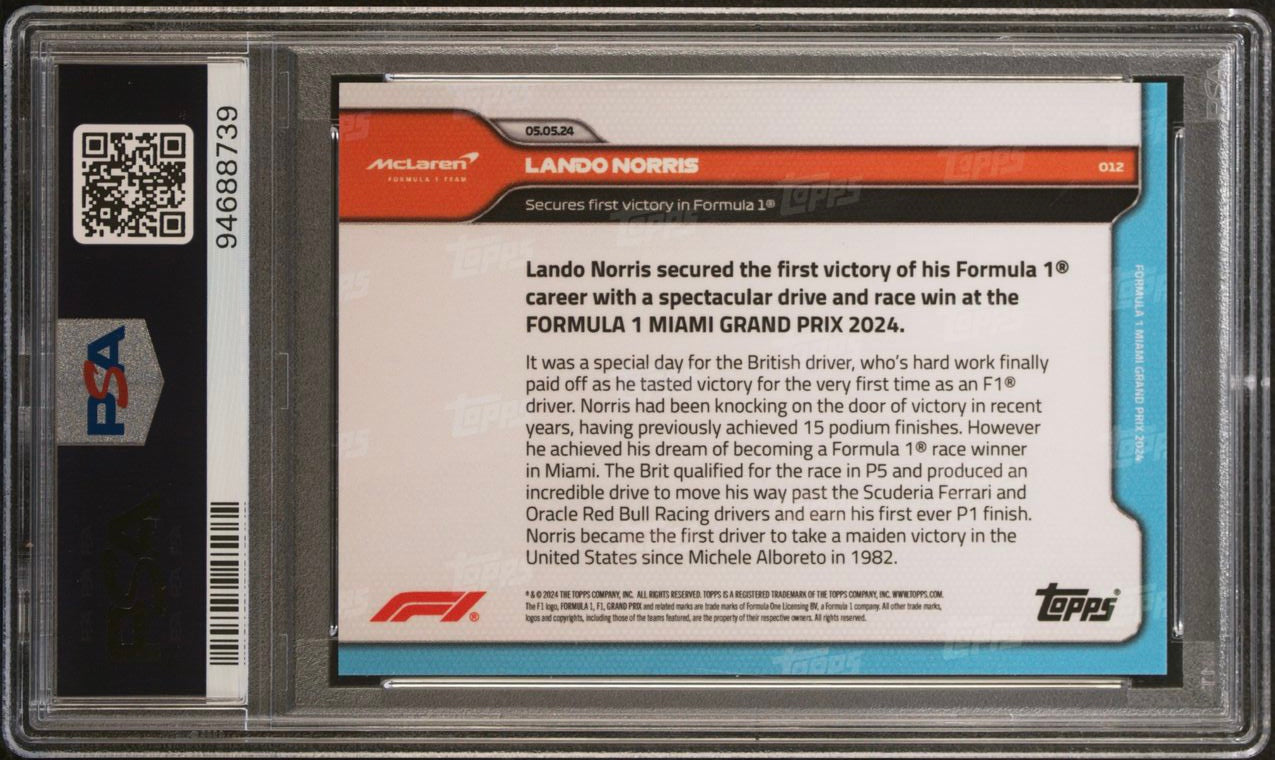 2024 Topps Now Lando Norris #12 Black PSA 10 - Limited Edition Racing Collectible Card for Fans & Sports Memorabilia Enthusiasts