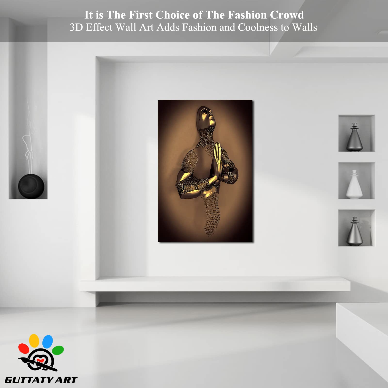 3D Metal Heart Gold Wall Art - Gray & Gold 3D Canvas Art for Living Room & Bedroom - Modern Yoga Pose Wall Decor - Valentine's Day Gift for Couples - 32x48 Inches - Perfect for Home Decor, Meditation Spaces & Romantic Bedrooms