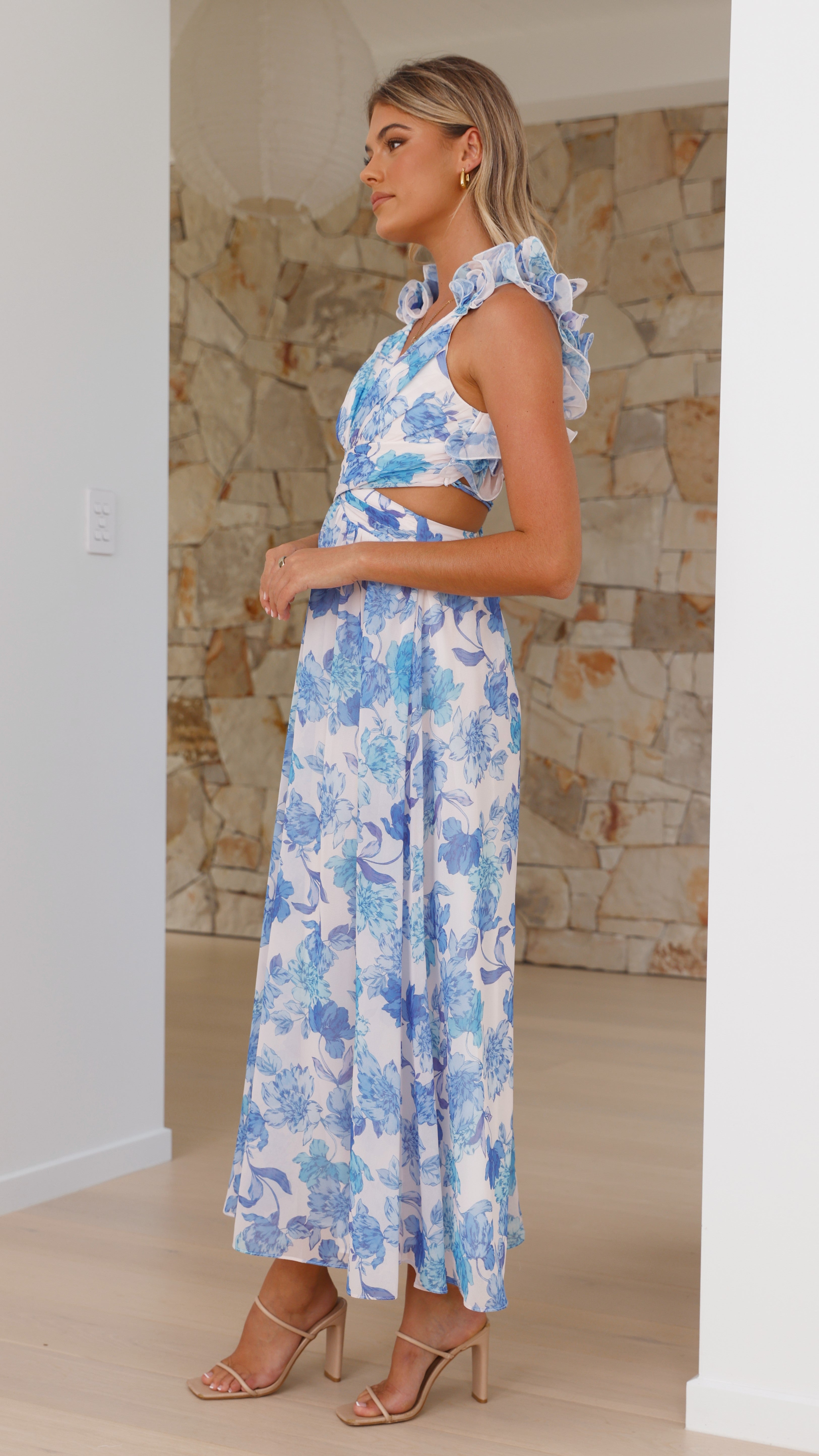 Galilhai Maxi Dress - Blue Floral Print Long Summer Dress for Women | Beach Vacation, Wedding Guest & Casual Outfit