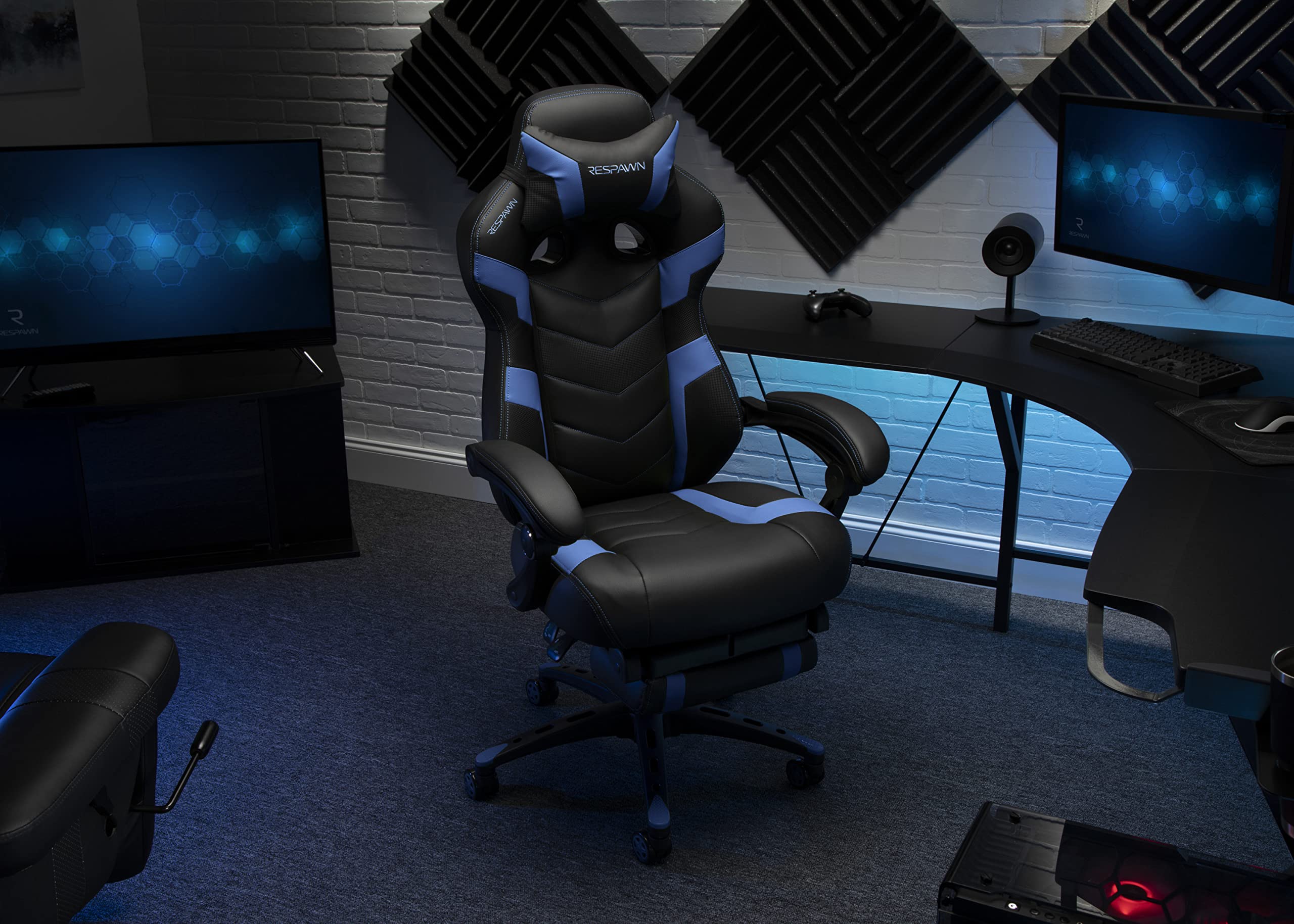RESPAWN 110 Ergonomic Gaming Chair with Footrest - Racing Style High Back Office Chair with 360 Swivel, Adjustable Lumbar Support & Headrest Pillow - Perfect for PC Gaming, Home Office & Streaming Setup (2021 Blue)