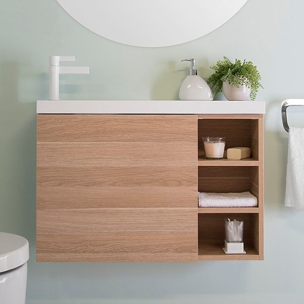 ADP Petite Shelf Wall Hung Vanity in Plantation Ash - Left Hand Basin | Modern Bathroom Storage Solution | Perfect for Small Spaces & Powder Rooms | CLEARANCE SALE