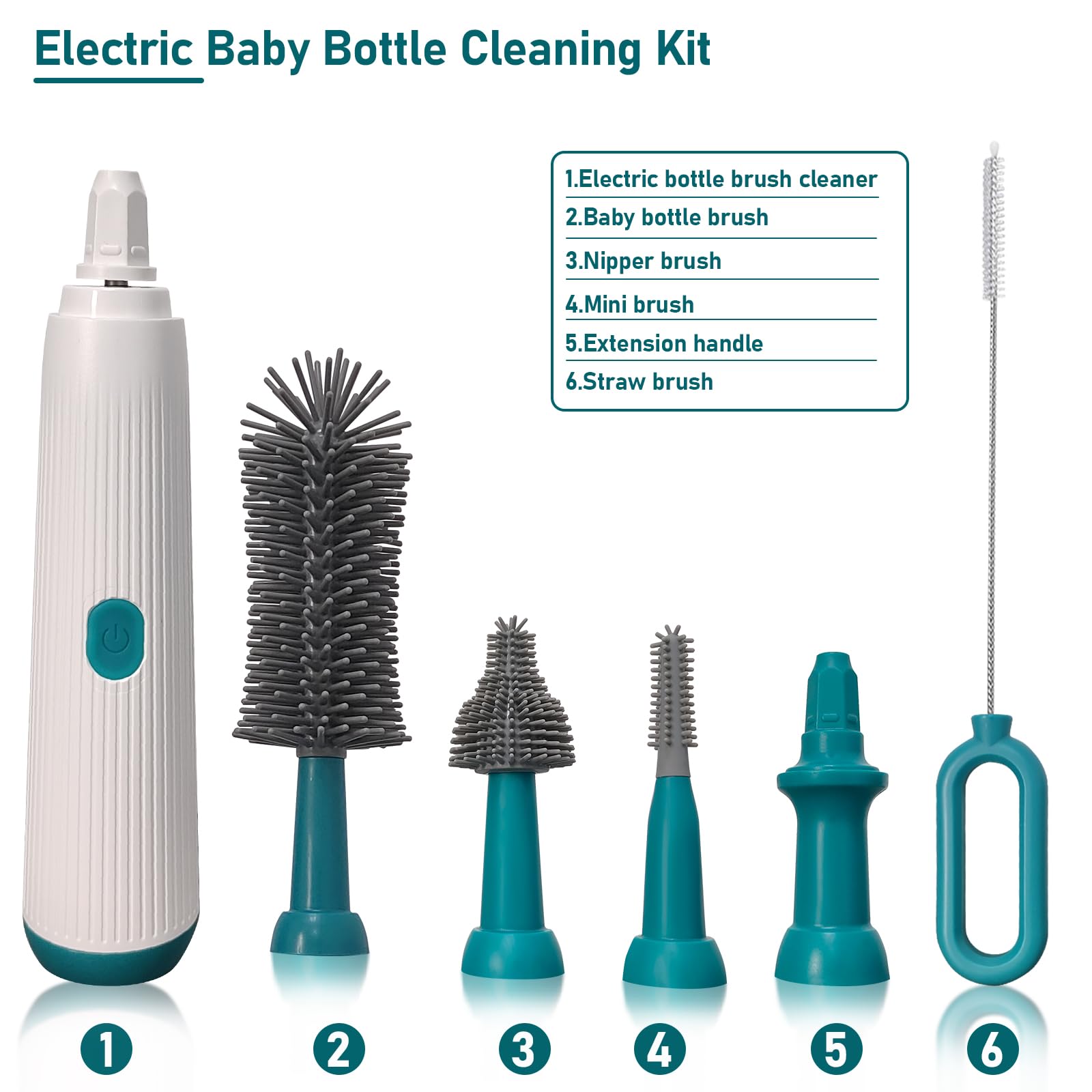 Electric Bottle Brush Set with 3 Replaceable Heads & Extension Handle - Waterproof Silicone Baby Bottle Cleaner for Newborn Essentials (Dark Green) | Perfect for Baby Bottles, Sippy Cups & Breast Pump Parts