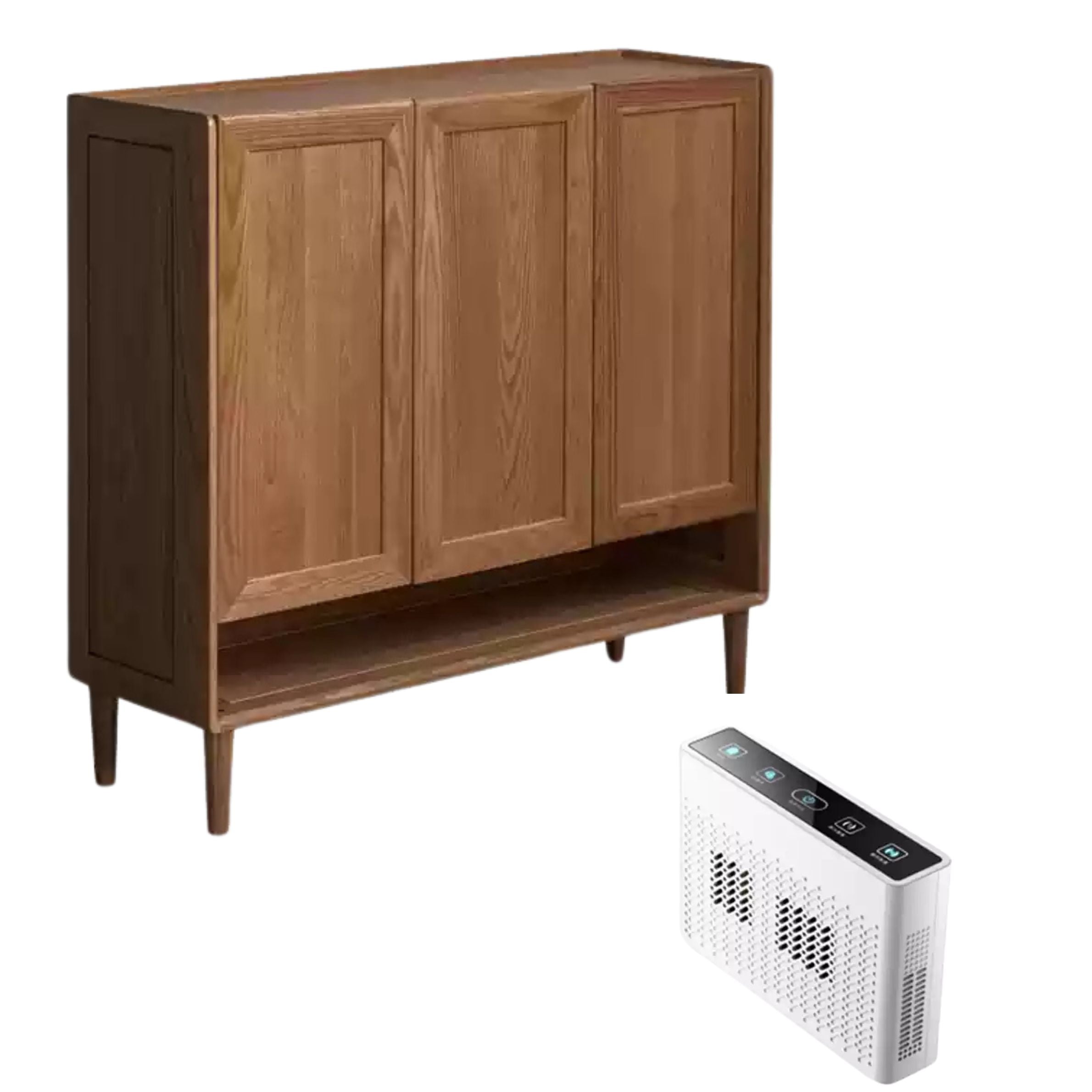 43.5x13.8x39.8 inch+6.8x1.6x4.8 inch  /110.5x35x101 сm +17.2x4.1x12.1 сm/Walnut Color +White Color / Tthree-door shoe cabinet+Disinfection module accessories