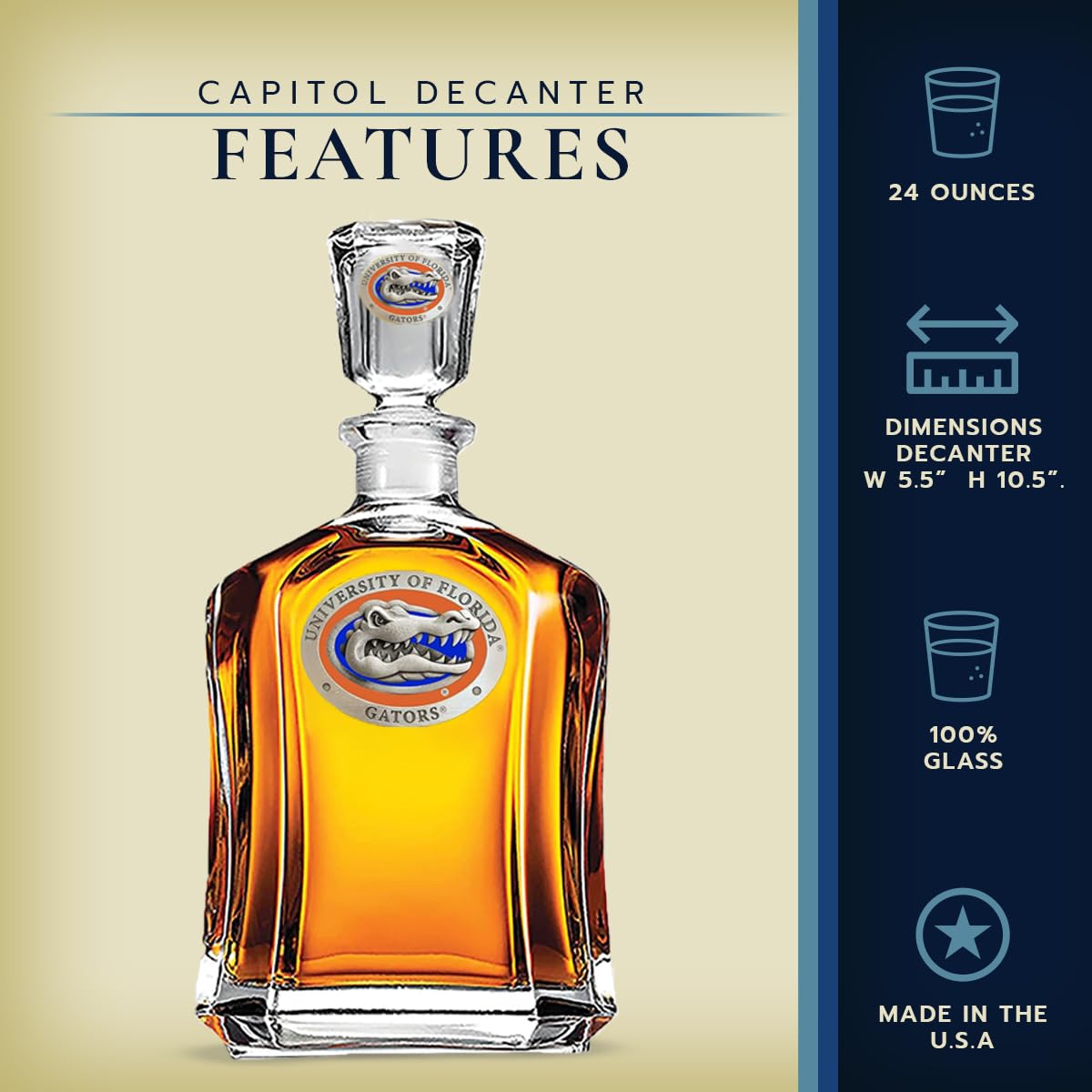 University of Florida Capitol Decanter - 24oz Glass Liquor Decanter with Handcrafted Pewter Lid - Perfect for Bourbon, Whiskey & Wine Gifts, Home Bar Decor & Alumni Collectibles