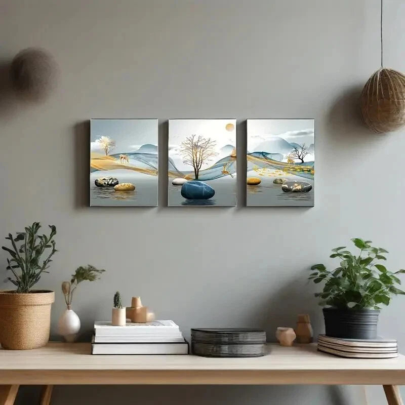 3-Piece Abstract Geometric Landscape Elk Metal Wall Art - Ready to Hang Modern Home Decor for Living Room, Bedroom & Office