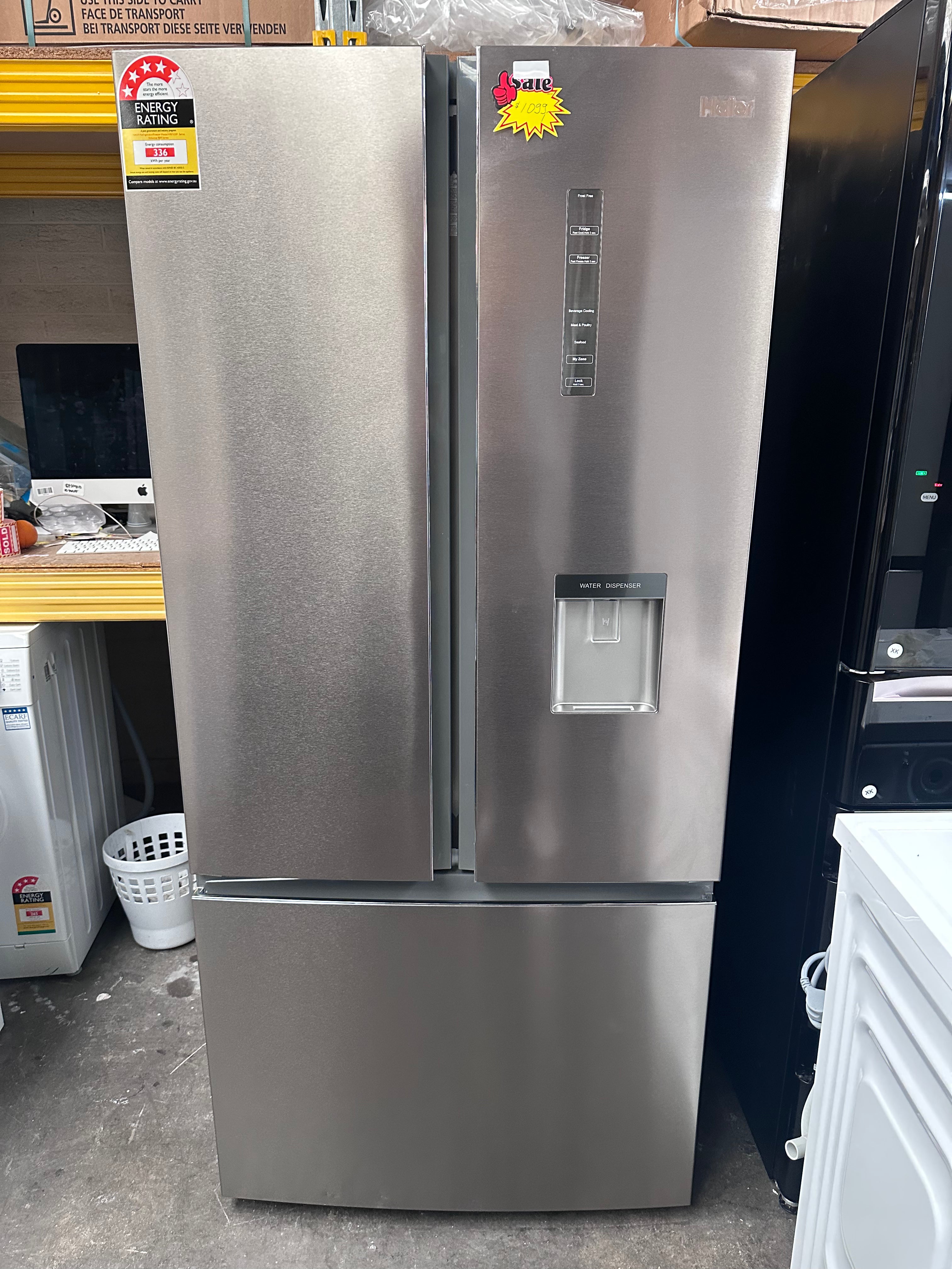 Haier 489L French Door Refrigerator with Water Dispenser - Frost Free, Energy Efficient, Stainless Steel Look [Factory Second] - Perfect for Large Families & Open Kitchen Designs