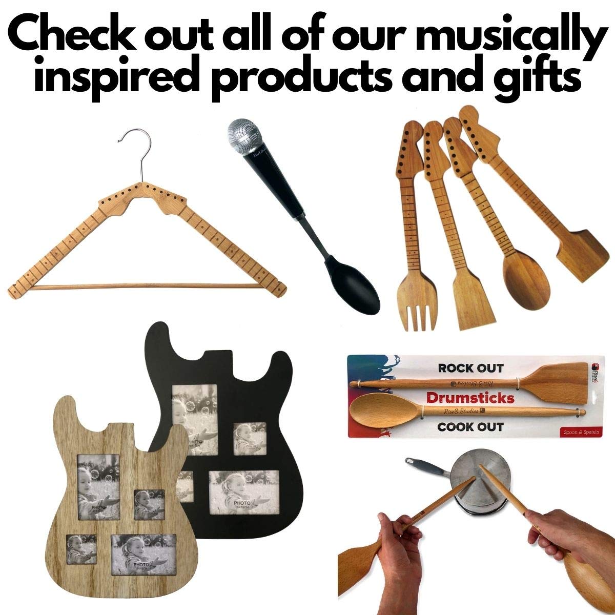 Bamboo Guitar Neck Shaped Kitchen Utensil Set - 4-Piece Cooking Tools (Spoon, Spatula, Salad Fork) - Perfect Musician Gift for Baking, Cooking & Serving - Ideal for Home Chefs & Music Lovers