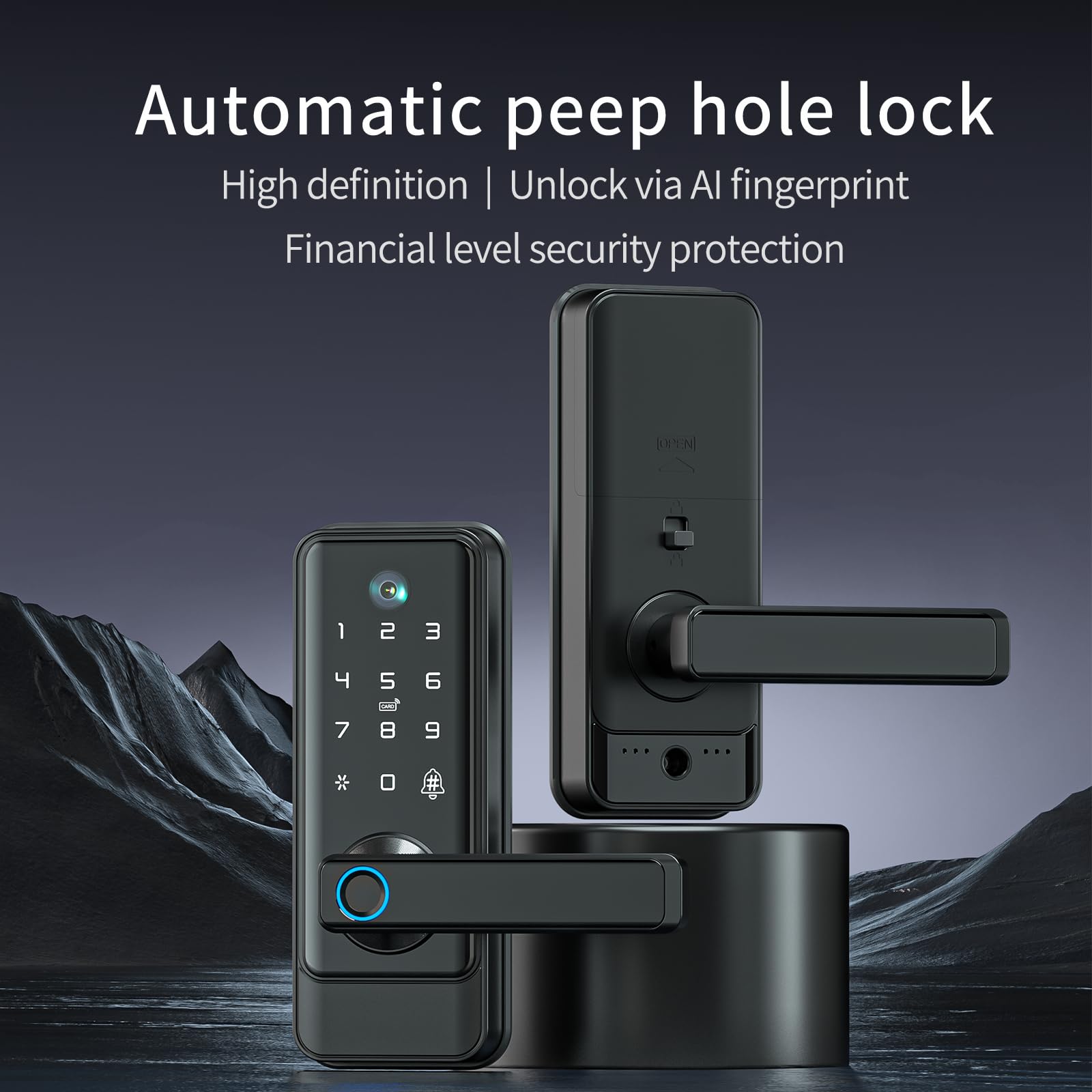 Smart Door Lock with Peep Hole Ring Doorbell Camera - Fingerprint, Password, Key, IC Card/NFC & WiFi Unlocking - Aluminum Alloy Deadbolt for Home, Hotel & Apartment Doors (Black) | Secure Entry for Front Doors, Rental Properties & Smart Homes
