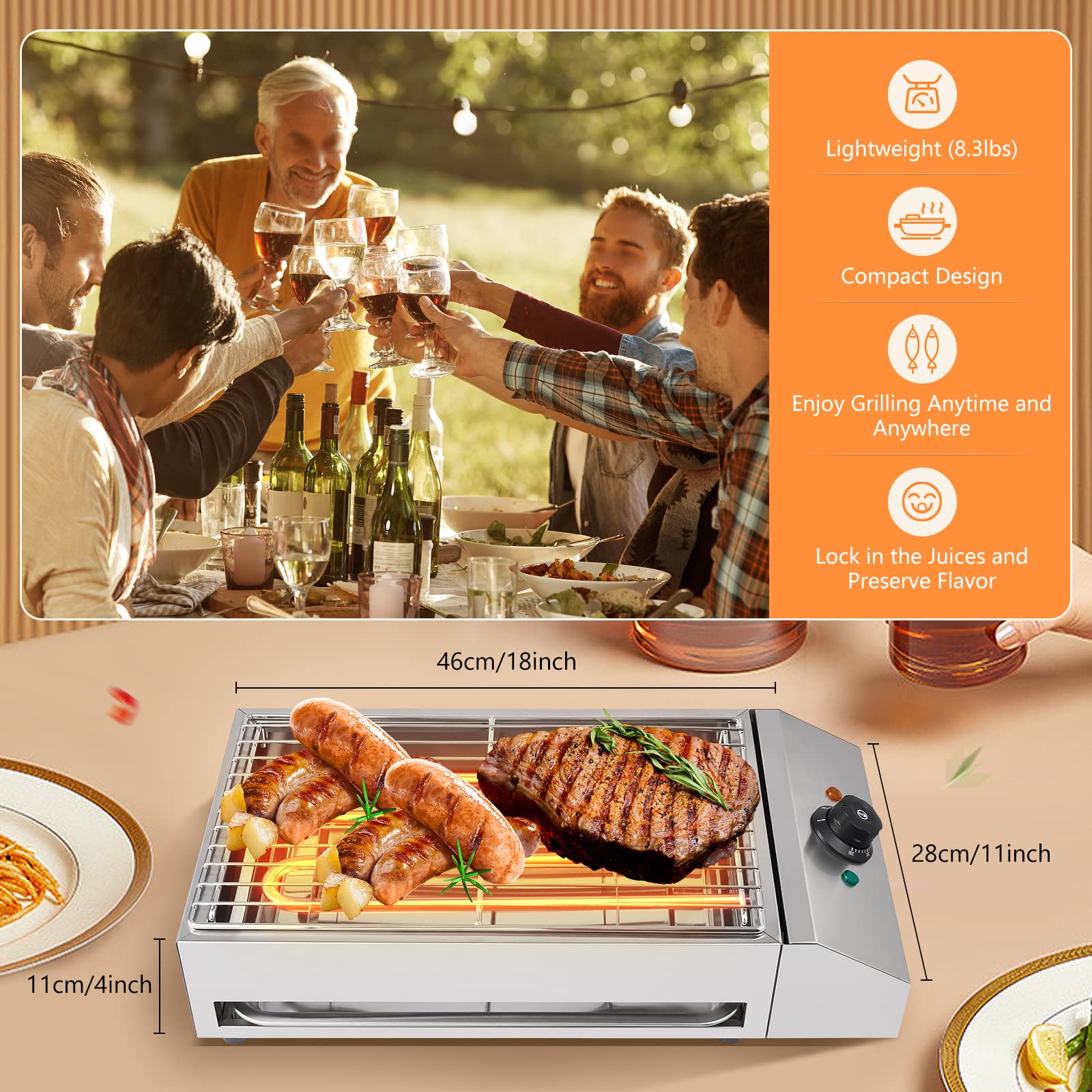 1800W Electric Grill for Outdoor & Indoor Cooking - Stainless Steel BBQ Grill with Smokeless Griddle, Extra-Large Drip Tray & Temperature Control (122-572°F) | Perfect for Backyard Parties, Camping & Restaurant Use