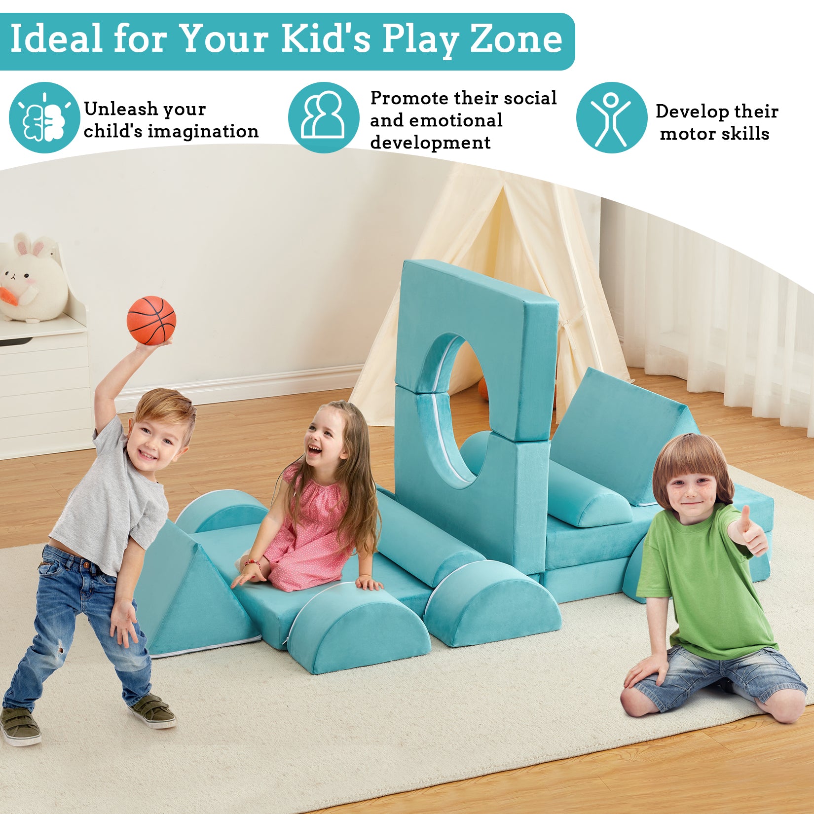 GARVEE 15Pcs Modular Kids Play Couch - Convertible Foam Sofa for Toddlers & Children | Creative Playroom Furniture for Boys & Girls in Teal | Perfect for Indoor Play, Reading Nook & Imaginative Playtime