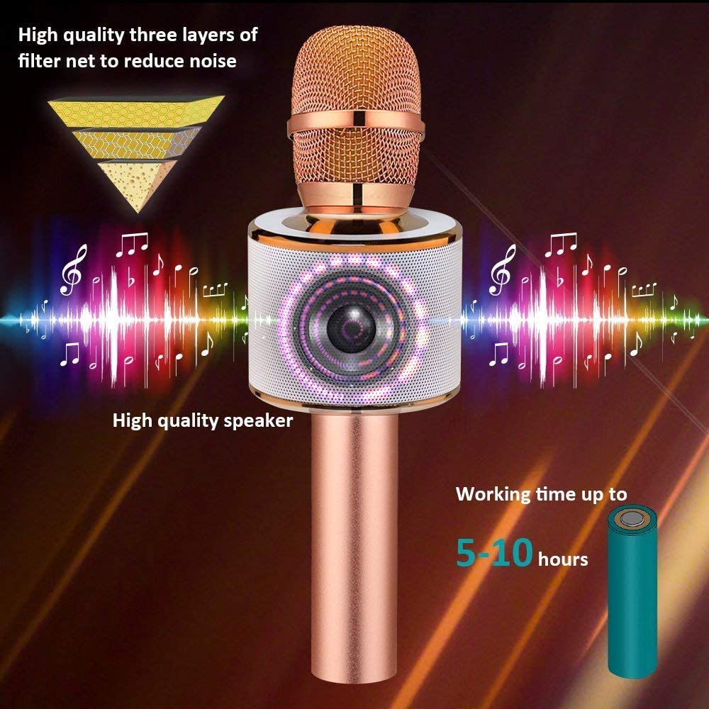 BONAOK Wireless Bluetooth Karaoke Microphone with Speaker - 3-in-1 Portable Handheld Mic for Singing, Recording & Parties | Compatible with All Smartphones & PC | Perfect for Home Karaoke, Birthday Celebrations & Travel (Rose Gold Q37)