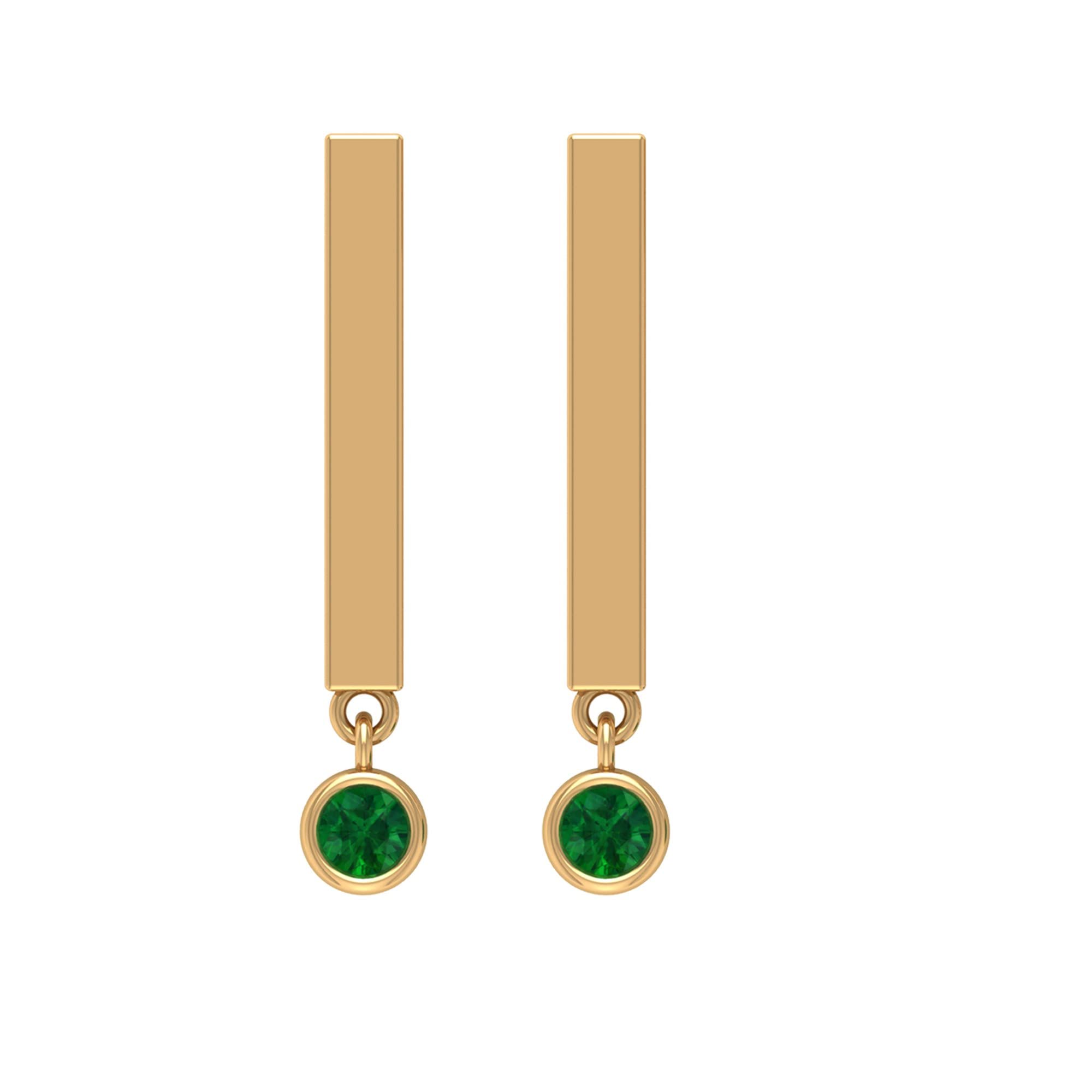 14K Solid Gold Round Emerald and Gold Bar Drop Earrings for Women - Bezel Set Screw Back Earrings | Elegant Jewelry for Weddings, Parties & Special Occasions