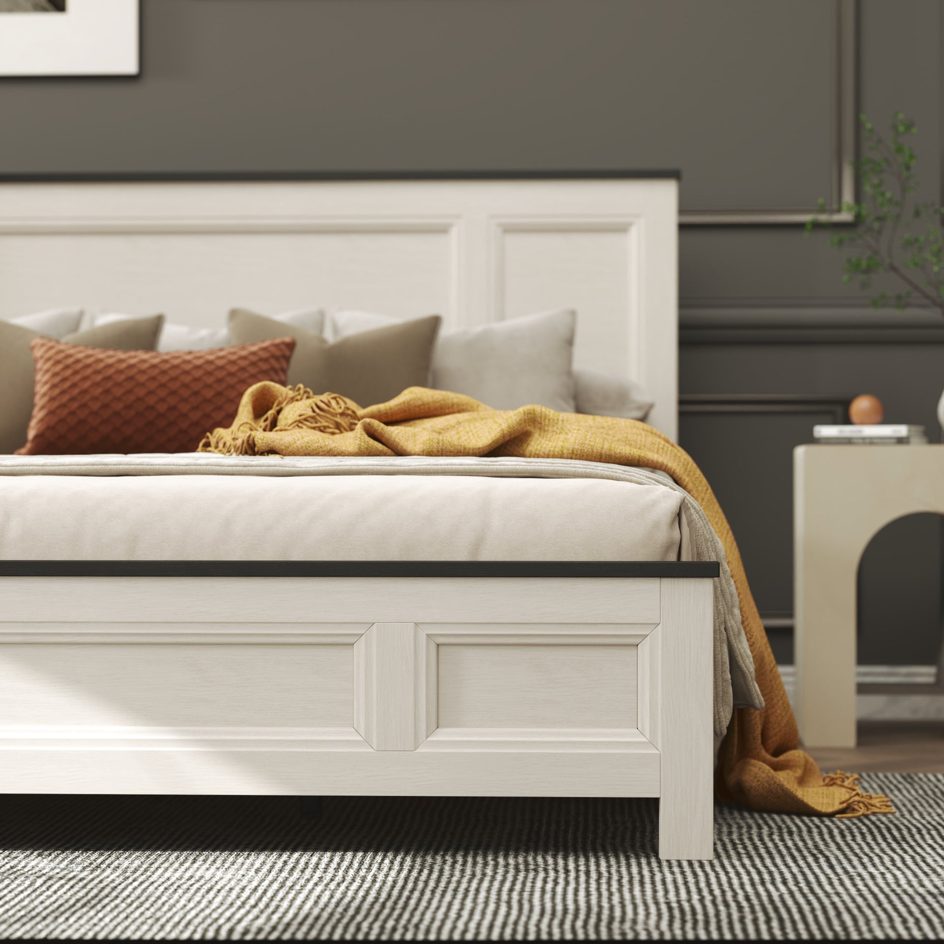 Roundhill Furniture Realynn Panel Bed - Queen Size Off White Finish for Modern Bedroom Decor | Stylish and Durable Bed Frame for Home & Guest Room