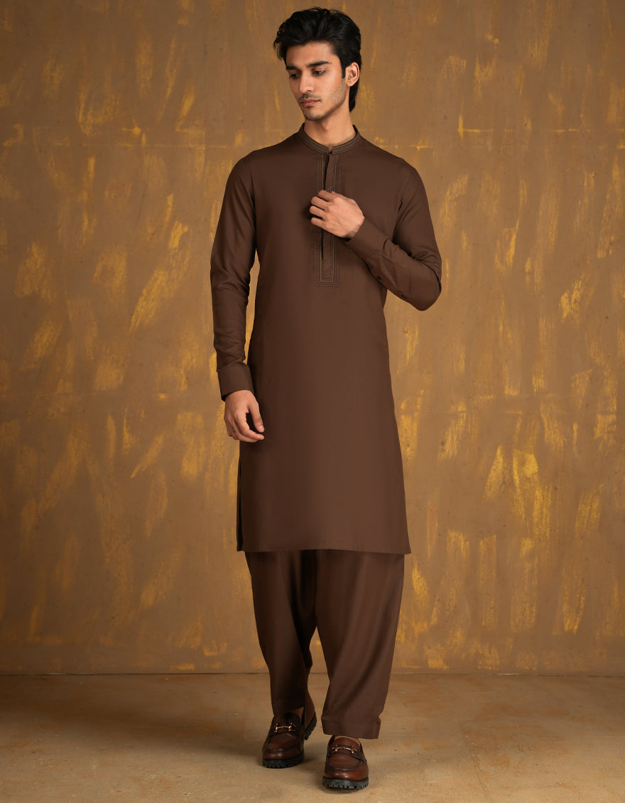 Elegant Blended Brown Shalwar Kameez by J. Junaid Jamshed - Premium Pakistani Traditional Outfit for Men - Perfect for Weddings, Eid & Special Occasions
