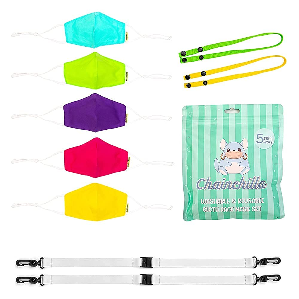 Reusable Kids Masks with Lanyards - 5 Colors, Green & Yellow - for School & Travel