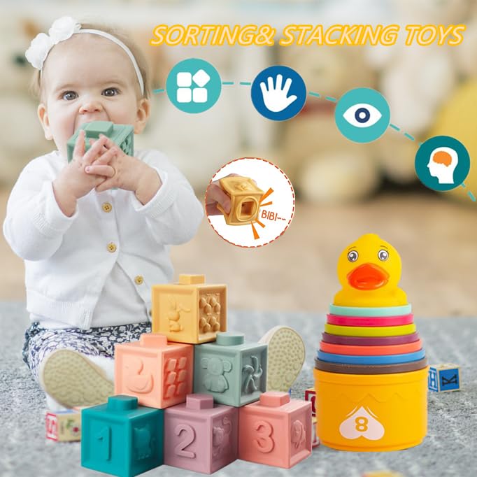 Montessori Baby Toys 6-12 Months | Silicone Teething & Pull String Toy | Stacking Blocks for Toddlers 0-3 Years | Sensory Shape Bin | Perfect Gift for Baby Boys & Girls - Great for Early Learning, Teething Relief & Motor Skill Development