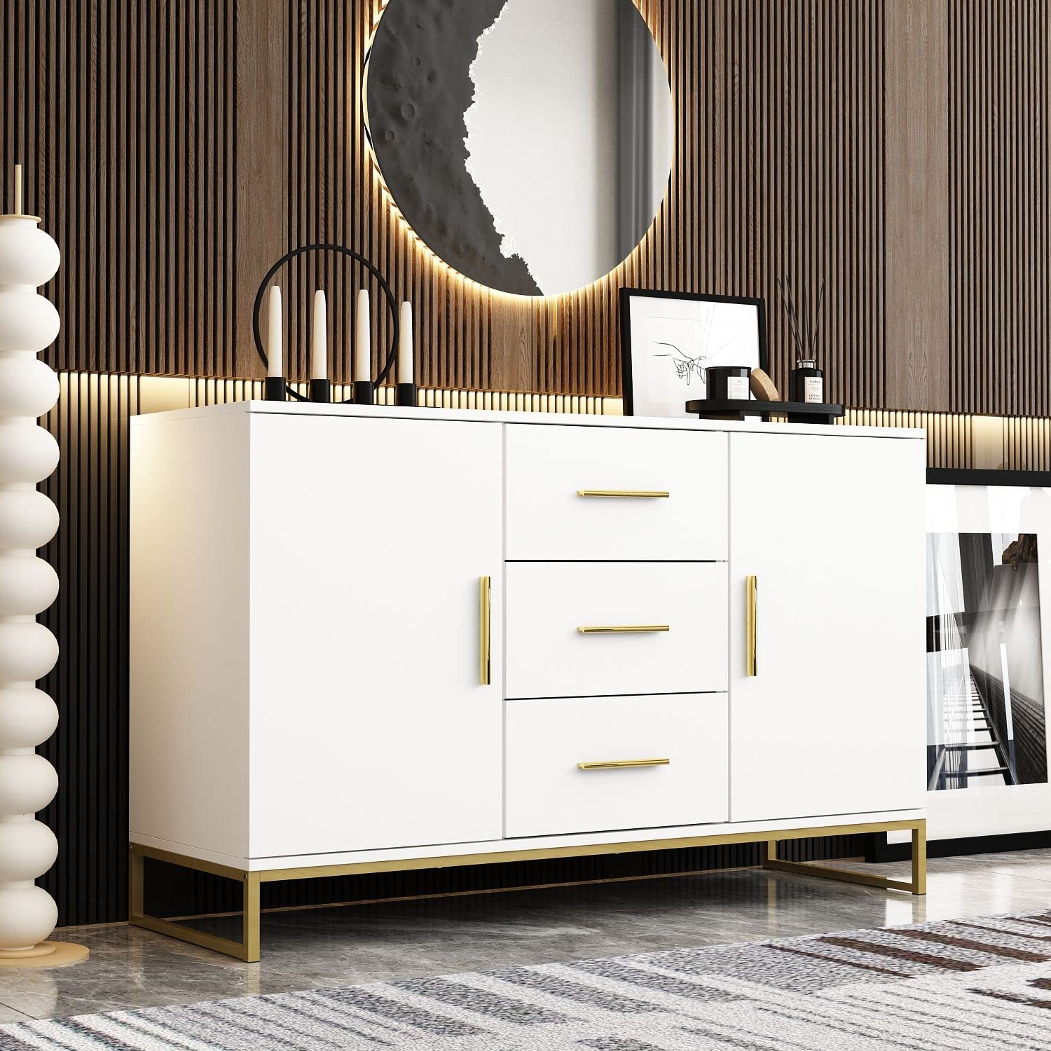 White and Gold Buffet Cabinet with Storage - 47.2”W Sideboard for Kitchen & Dining Room - Modern Gold Metal Frame Storage Cabinet - Perfect for Entertaining, Displaying China & Organizing Kitchenware