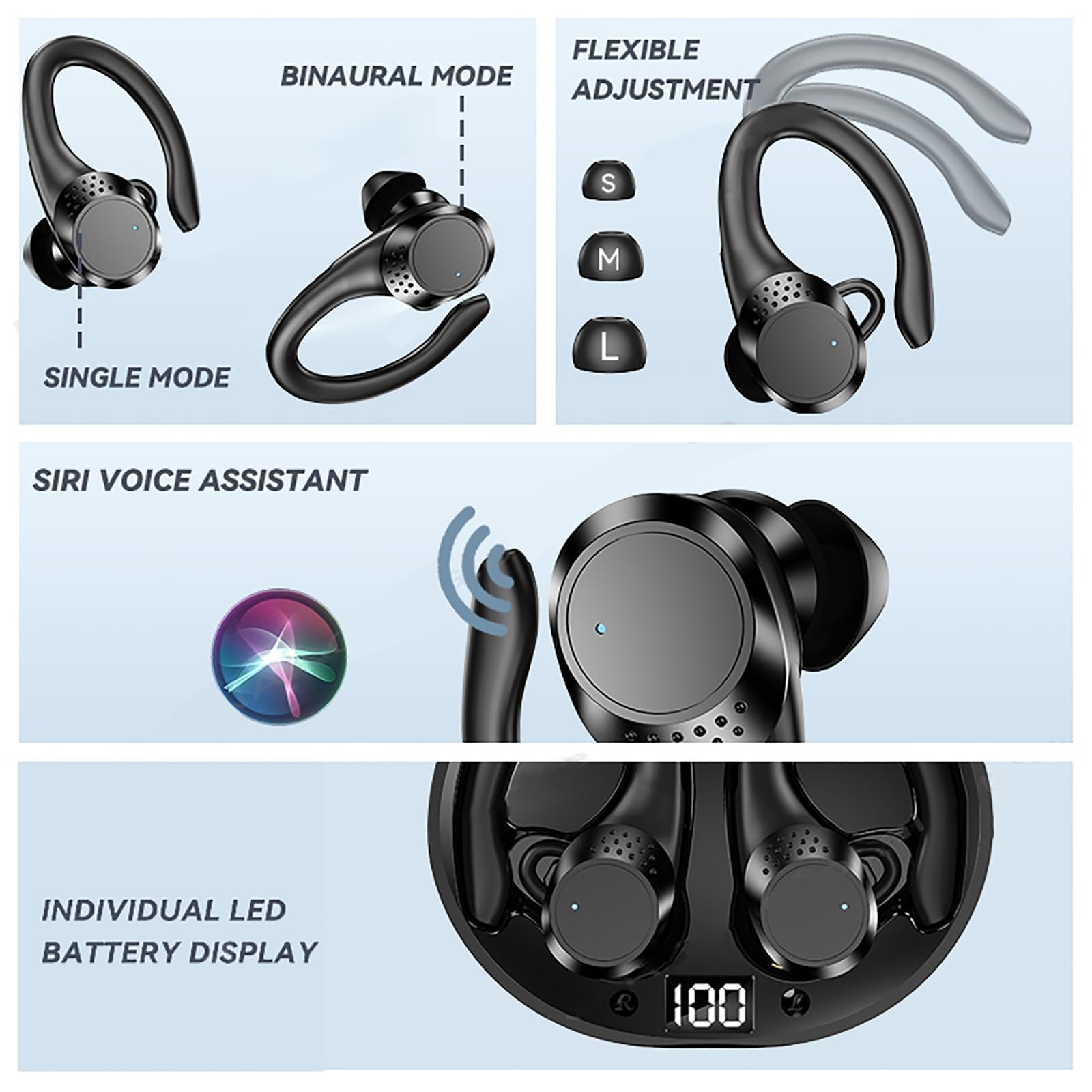 Wireless Workout Earbuds - Over Ear Bluetooth Headphones with 10H Playtime, Power Display & IPX6 Waterproof - Premium Sound for Running, Gym, Sports - Comfortable Secure Fit (Black) - Perfect for Workouts, Jogging, Cycling & Outdoor Activities