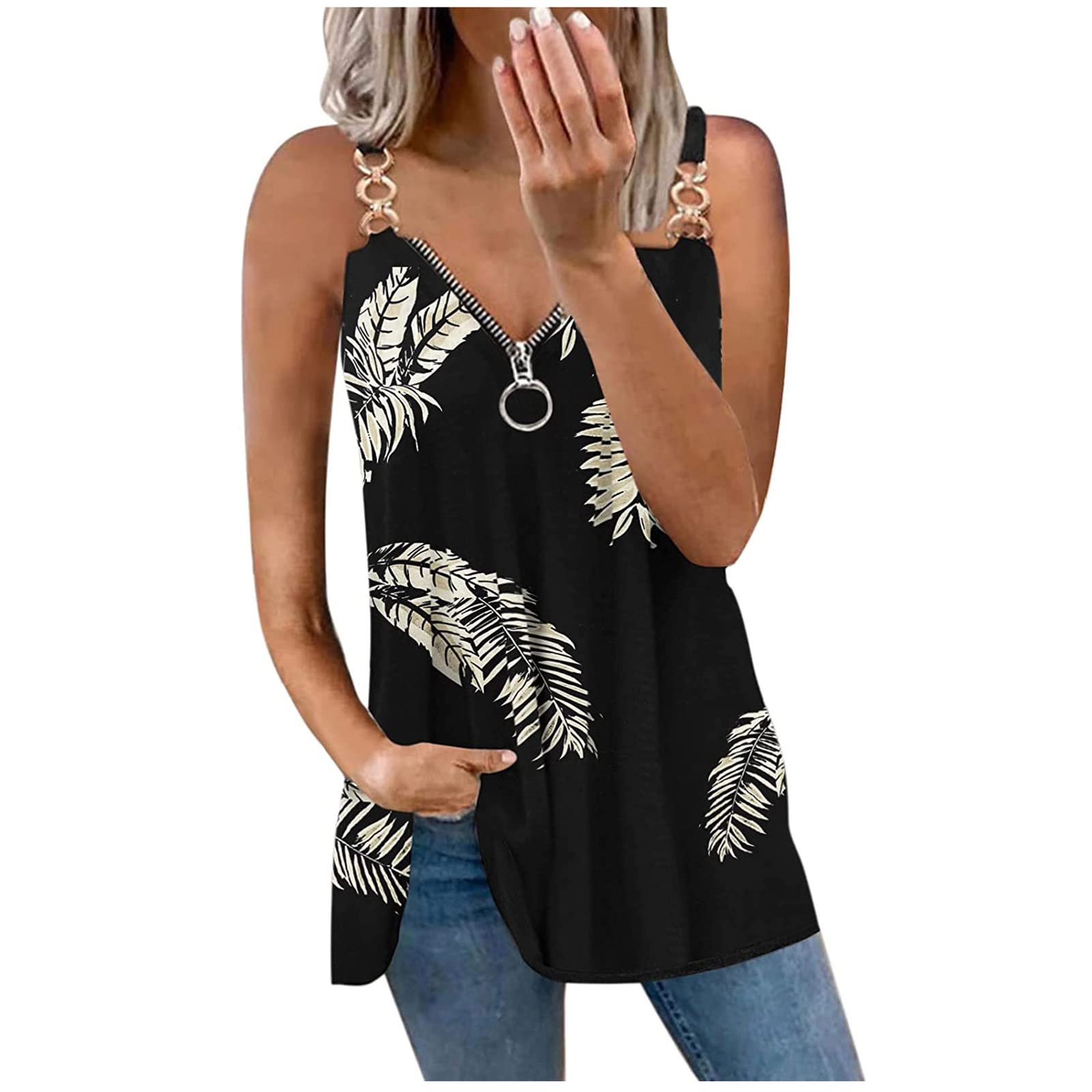 Women's Summer Tank Tops - Sleeveless V-Neck Zipper Tee Shirts with Fashion Print | Loose Casual Tunic Blouse for Beach, Travel & Everyday Wear | MELDVDIB