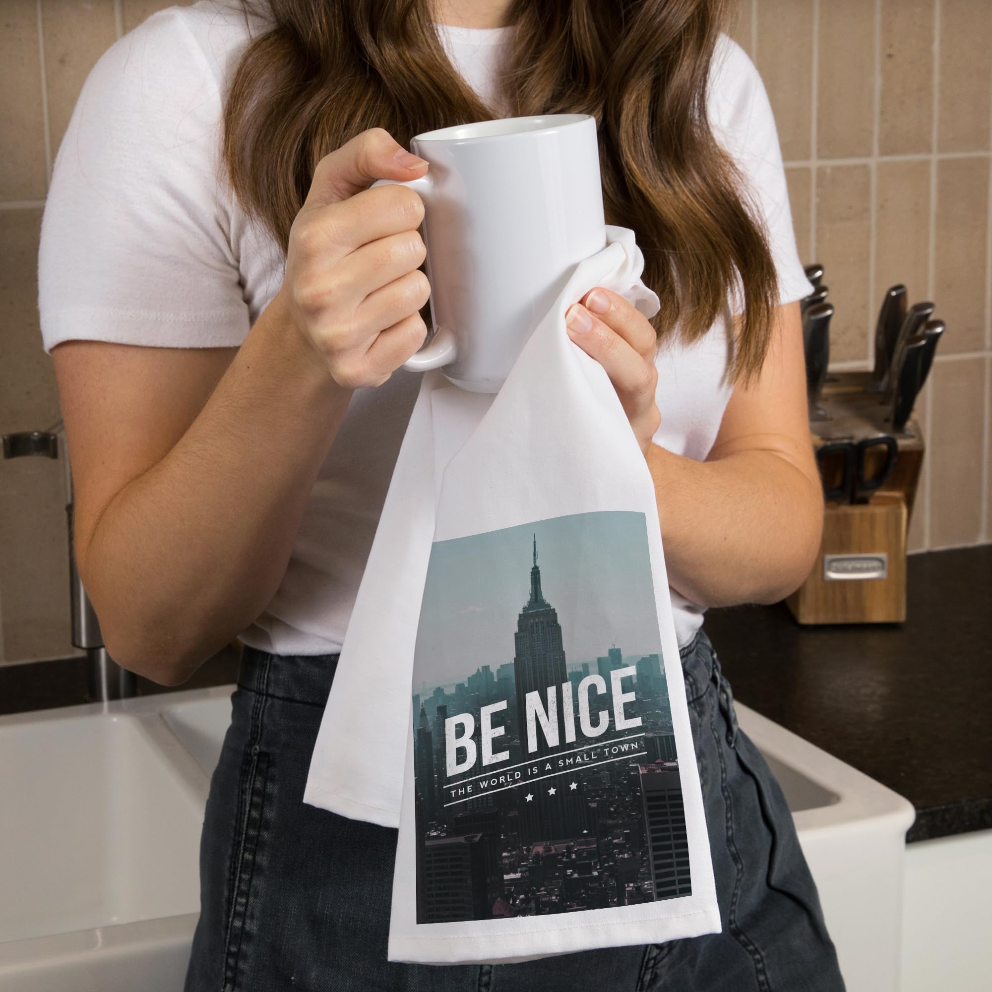 Lantern Press 'Be Nice, The World is a Small Town' 100% Cotton Tea Towel - Decorative Hand Towel for Kitchen, Home Decor & Gift - Perfect for Dish Drying, Wall Art & Cozy Farmhouse Style