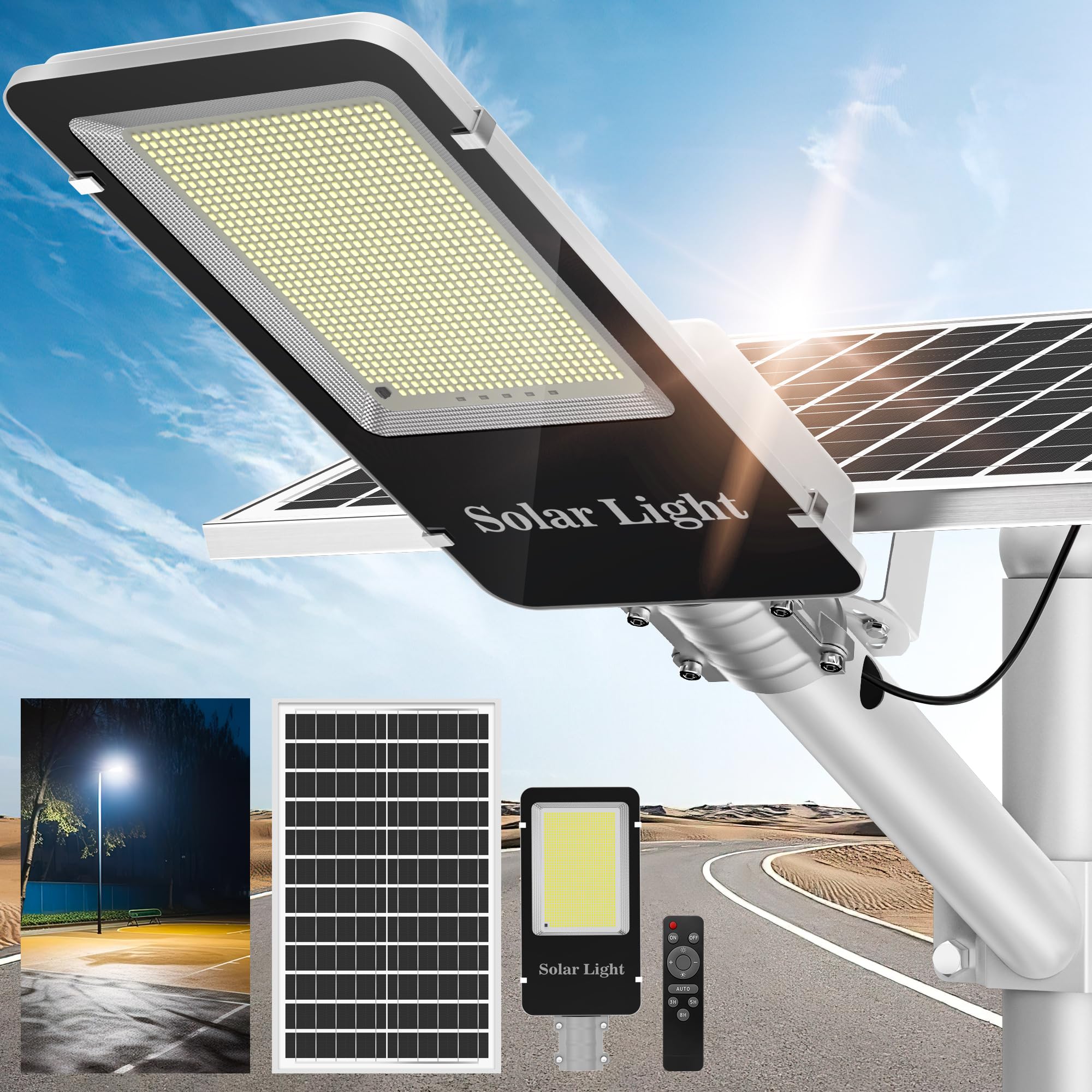 6000W Solar Street Lights Outdoor Waterproof - 6500K Bright White Solar Powered Lights with Remote Control, Dusk to Dawn Auto On/Off for Yard, Parking Lot, Garage, Pathway & Garden Lighting