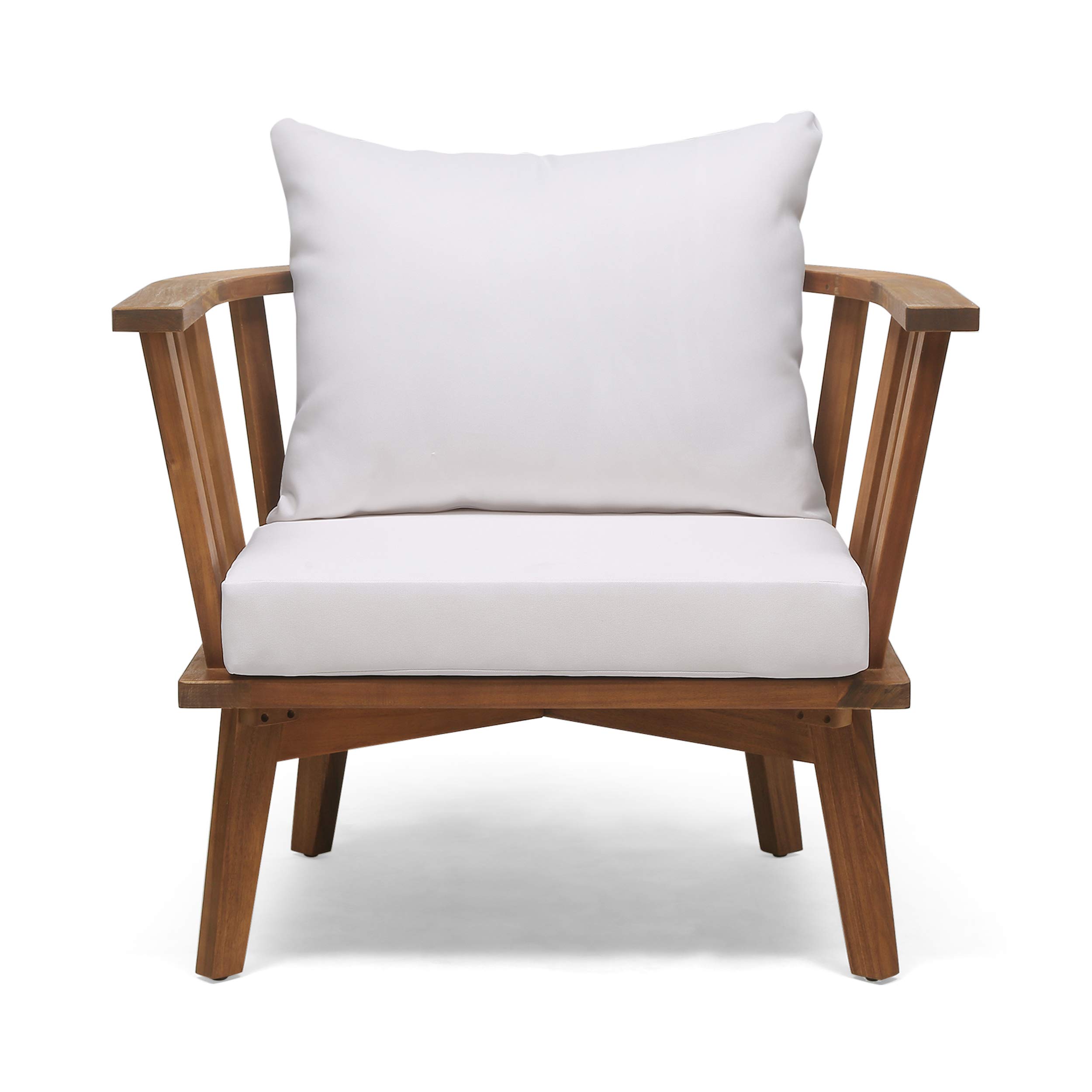 Christopher Knight Home Dean Outdoor Wooden Club Chair with Cushions - White & Teak Finish - Patio, Garden, Poolside, or Deck Lounge Chair for Relaxing Outdoors