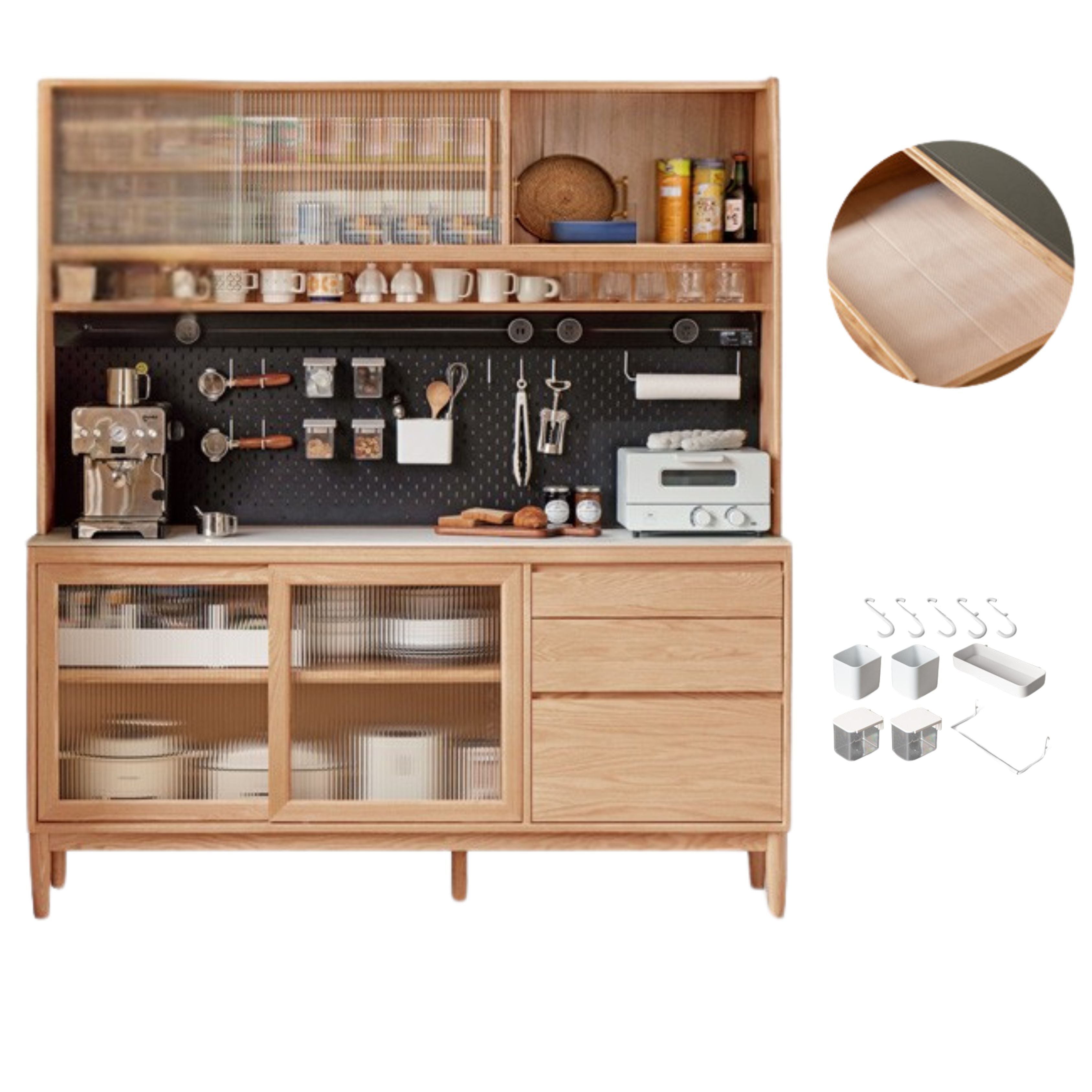 out of stock 59x17.7x78.7 inch / 150.4x45x200 cm /  Natural Wood Color /Ash Ivory White Rock Board Sideboard + Upper Shelf + Bull Electric Rail with Waterproof Drawer Bottom Pad + Seven-piece Perforated Board Set