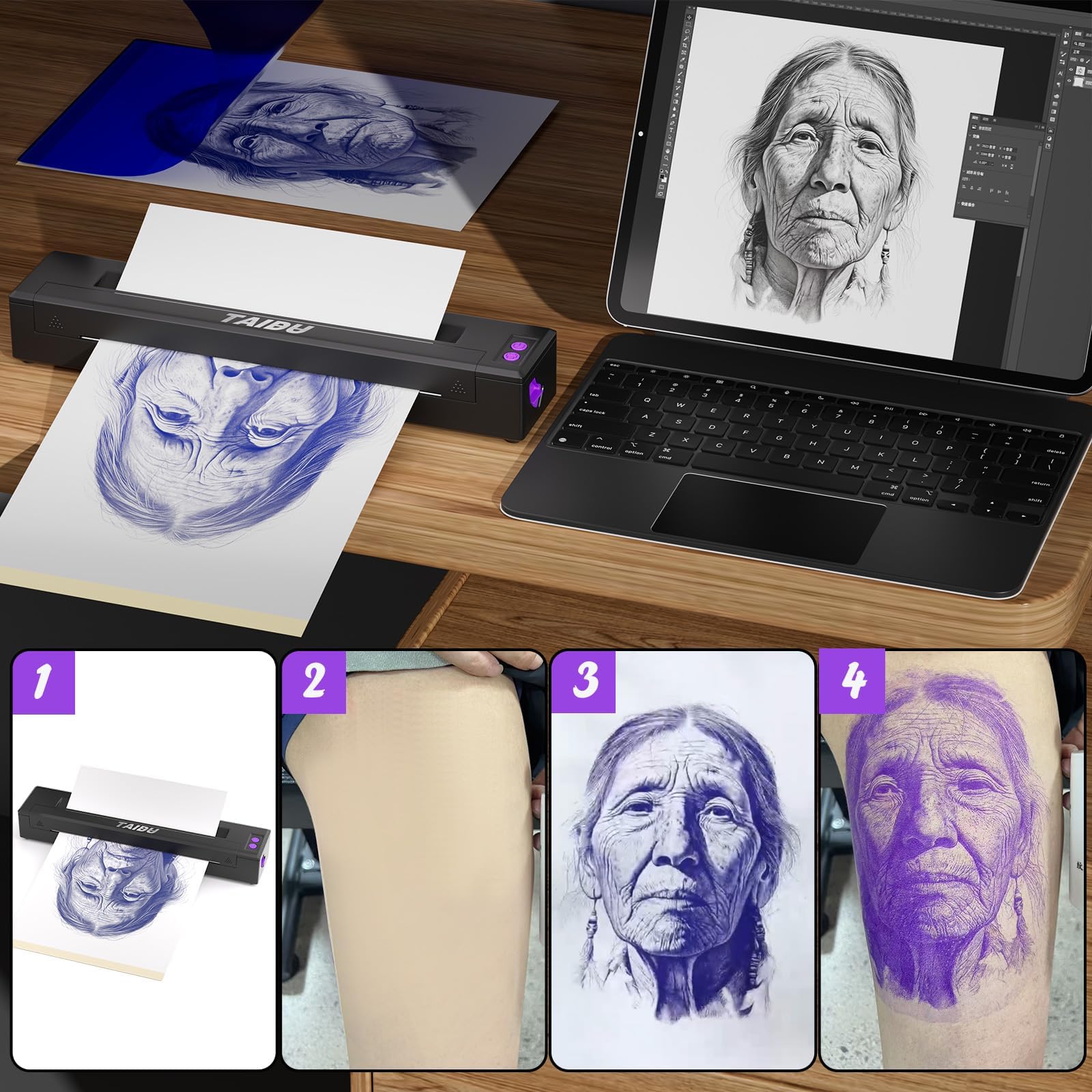 P19 Upgate Wireless Tattoo Thermal Printer Kit with 20 Sheets Tattoo Transfer Paper - Compatible with iPhone & Android Phones for Professional Tattoo Artists & Beginners - Perfect for Tattoo Studio, Home Practice & Temporary Tattoo Designs